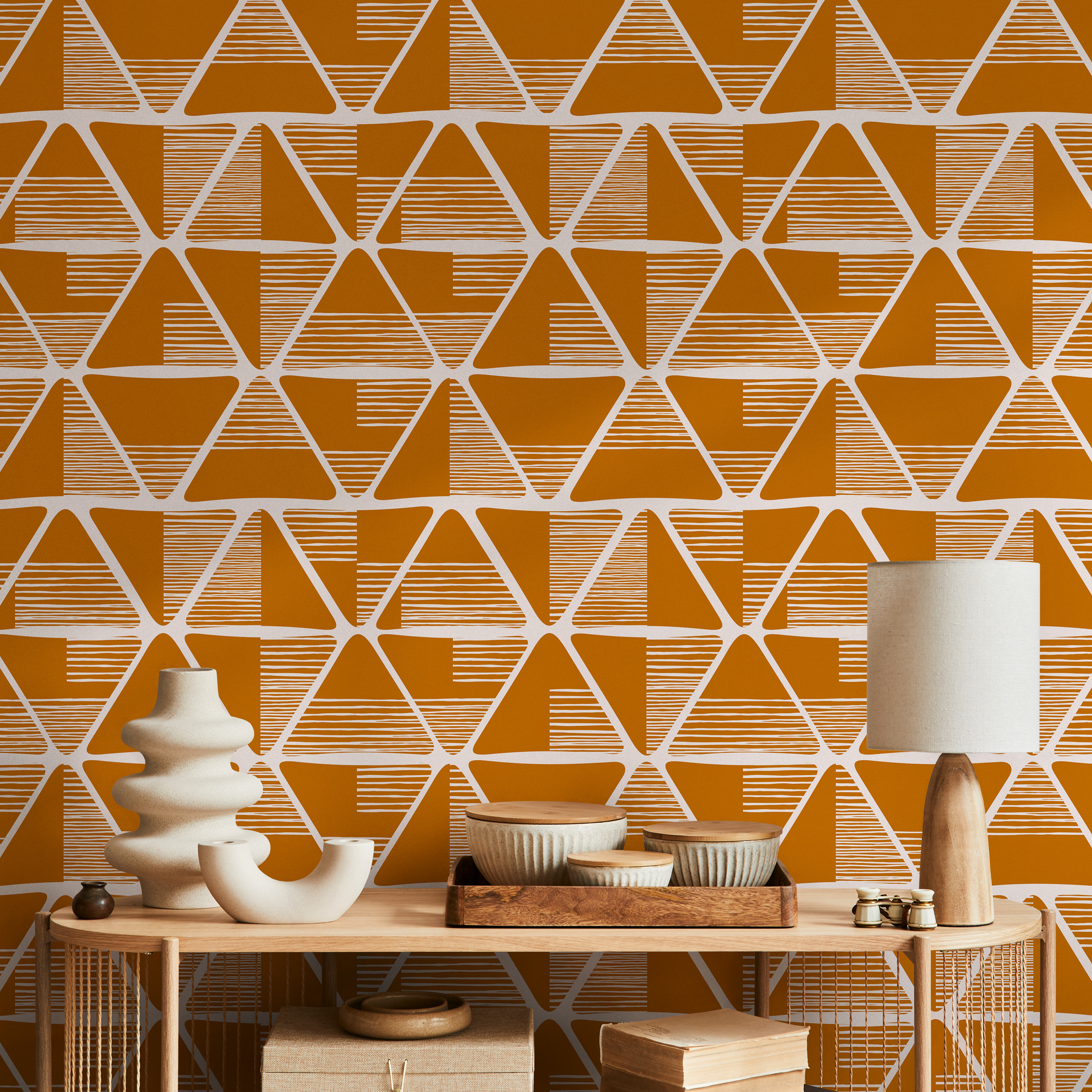 Geometric Wallpaper With Hand-drawn Triangles In Orange And White - C466