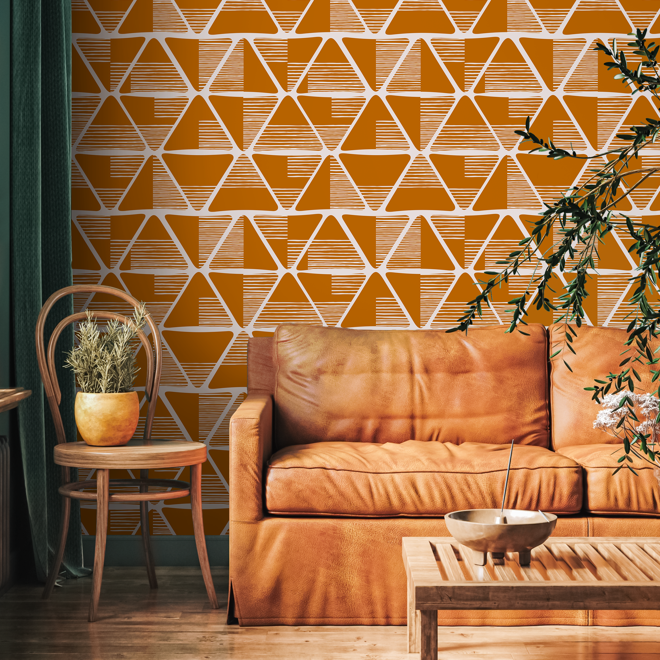 Geometric Wallpaper With Hand-drawn Triangles In Orange And White - C466