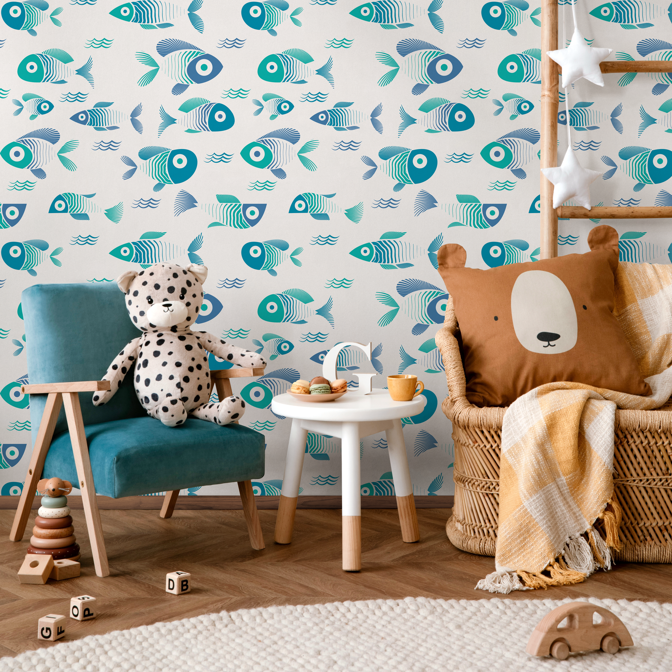 Nautical Wallpaper Featuring A School Of Fish In Blue And Teal - C467