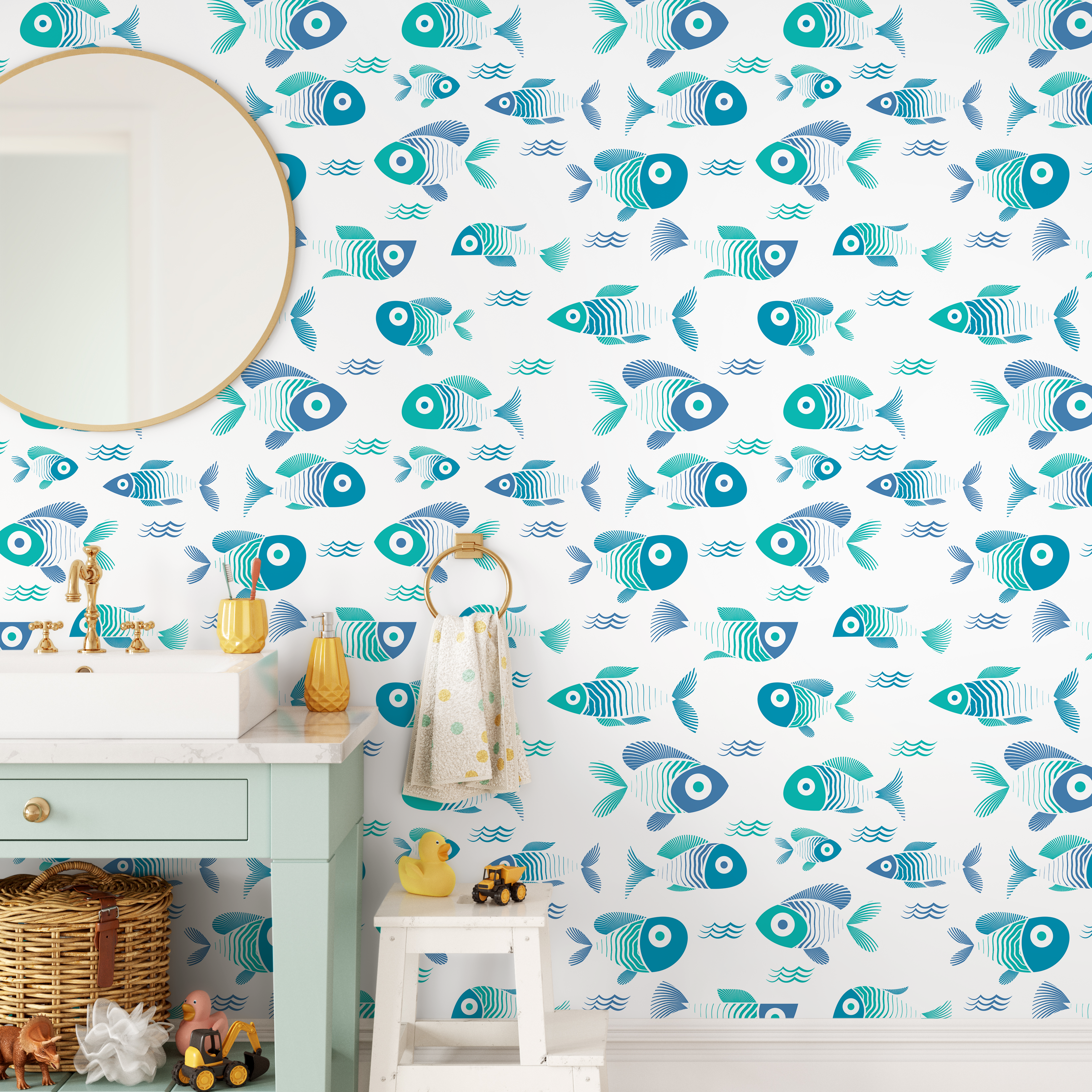 Nautical Wallpaper Featuring A School Of Fish In Blue And Teal - C467