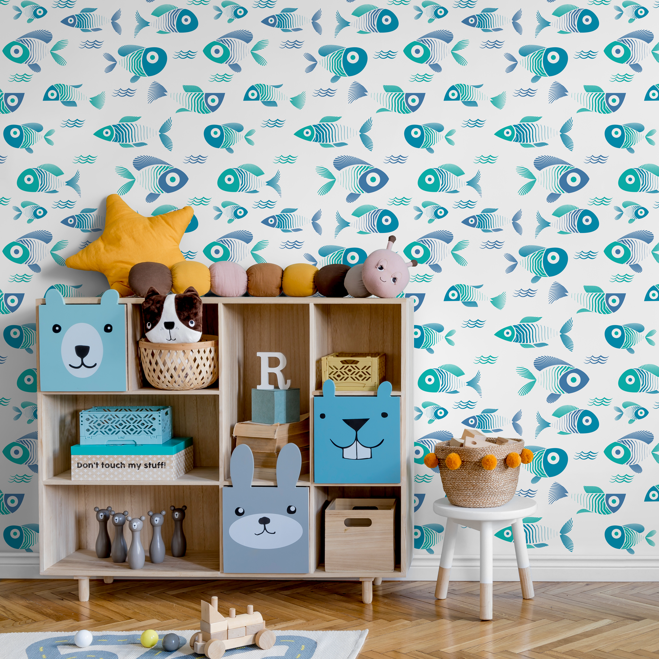 Nautical Wallpaper Featuring A School Of Fish In Blue And Teal - C467