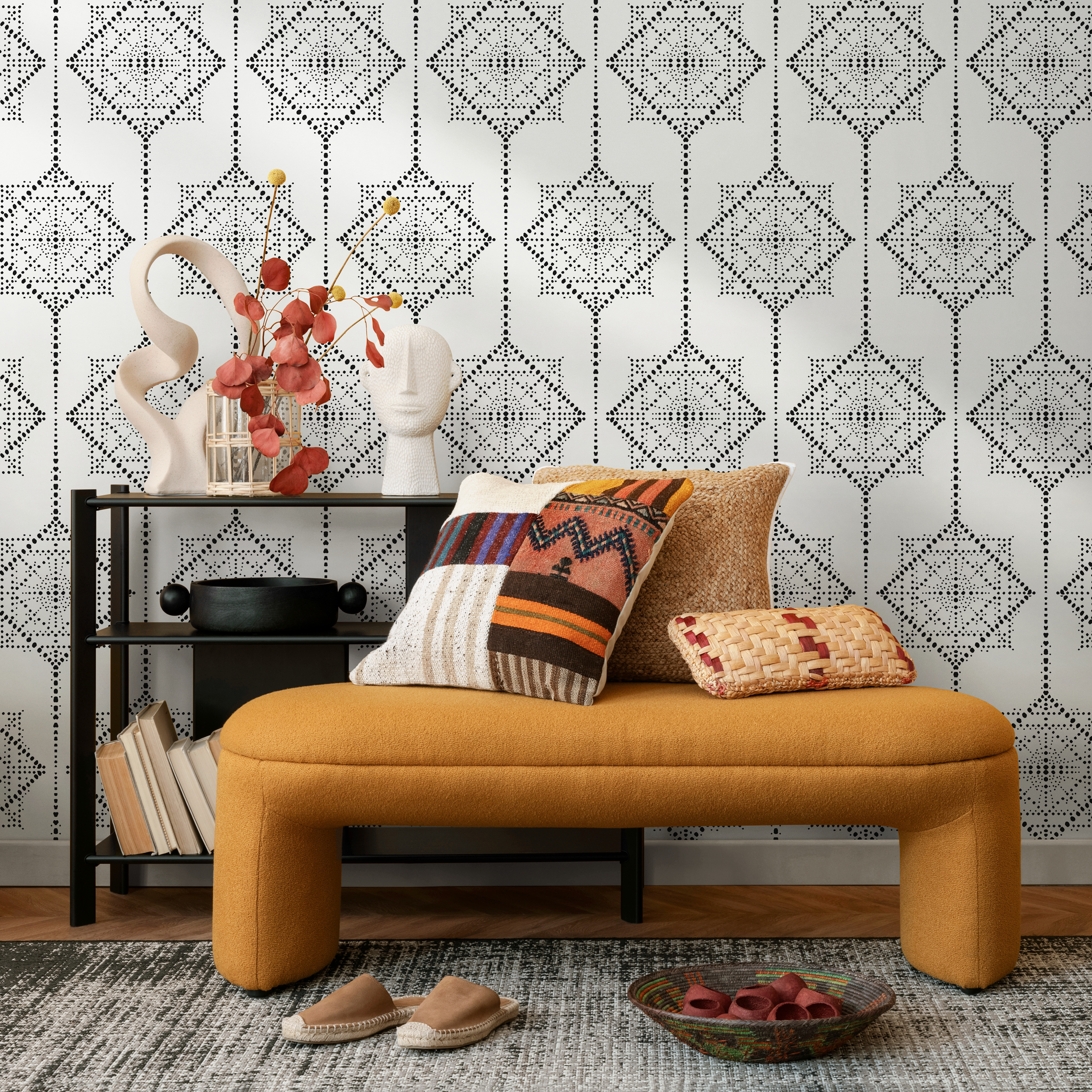 Geometric Wallpaper With Dotted Medallion Motifs In Black And White - C468
