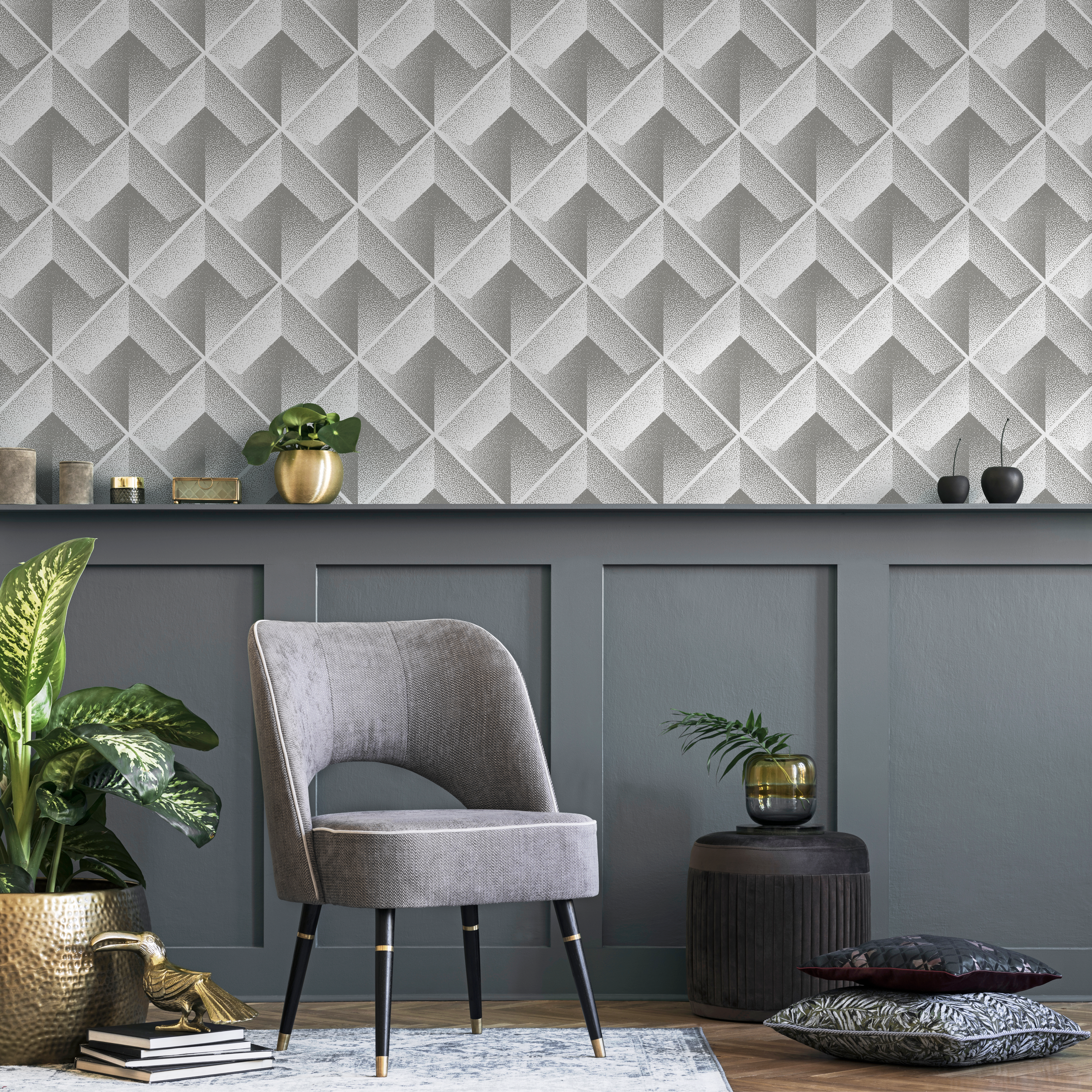 Geometric Wallpaper With A 3d Stippled Cube Motif In Grey And White - C470