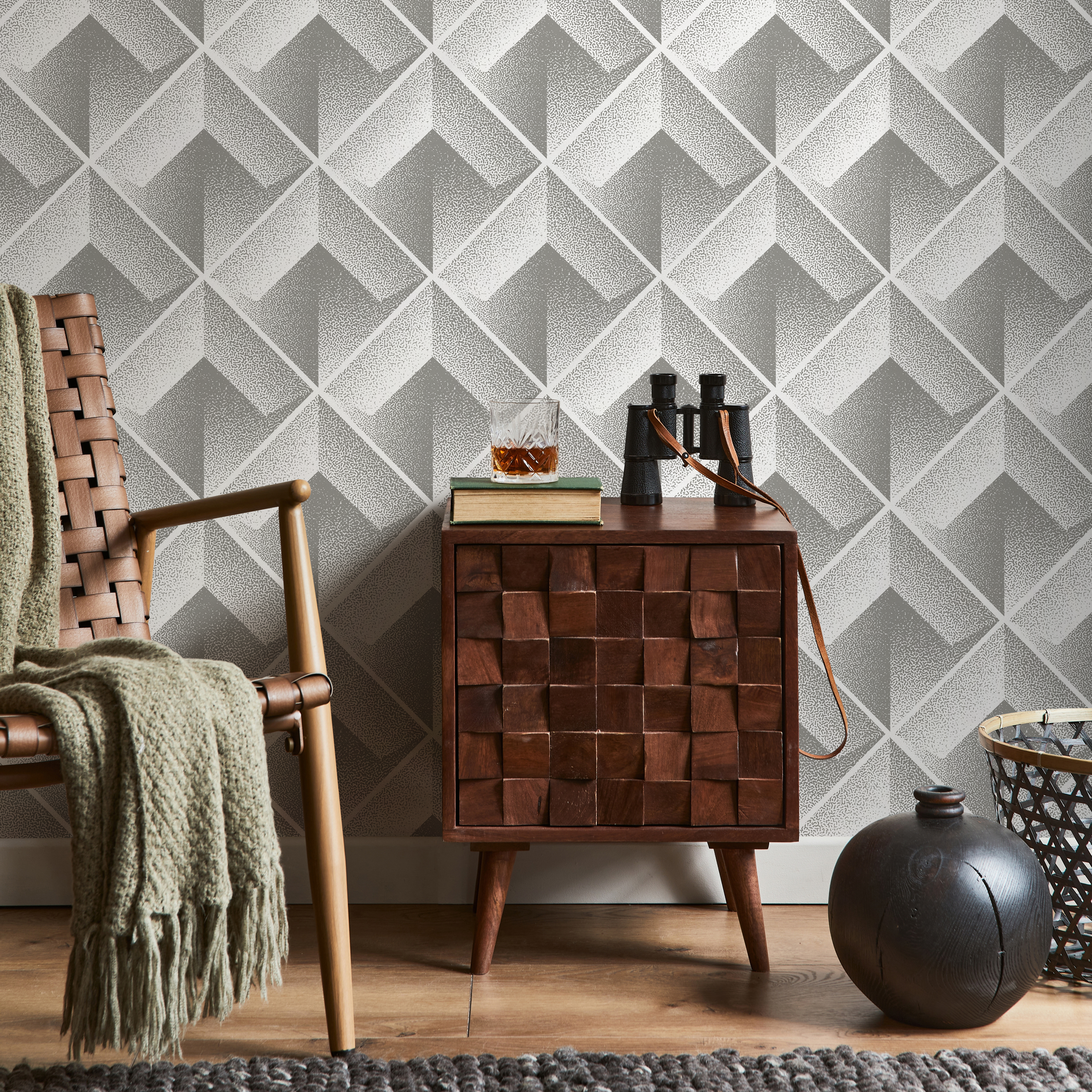 Geometric Wallpaper With A 3d Stippled Cube Motif In Grey And White - C470