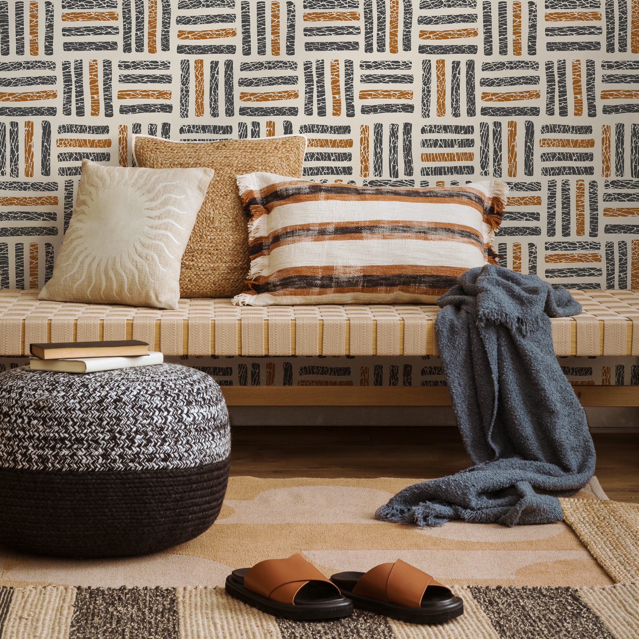 Geometric Wallpaper With A Textured Basketweave Motif In Black And Brown - C471