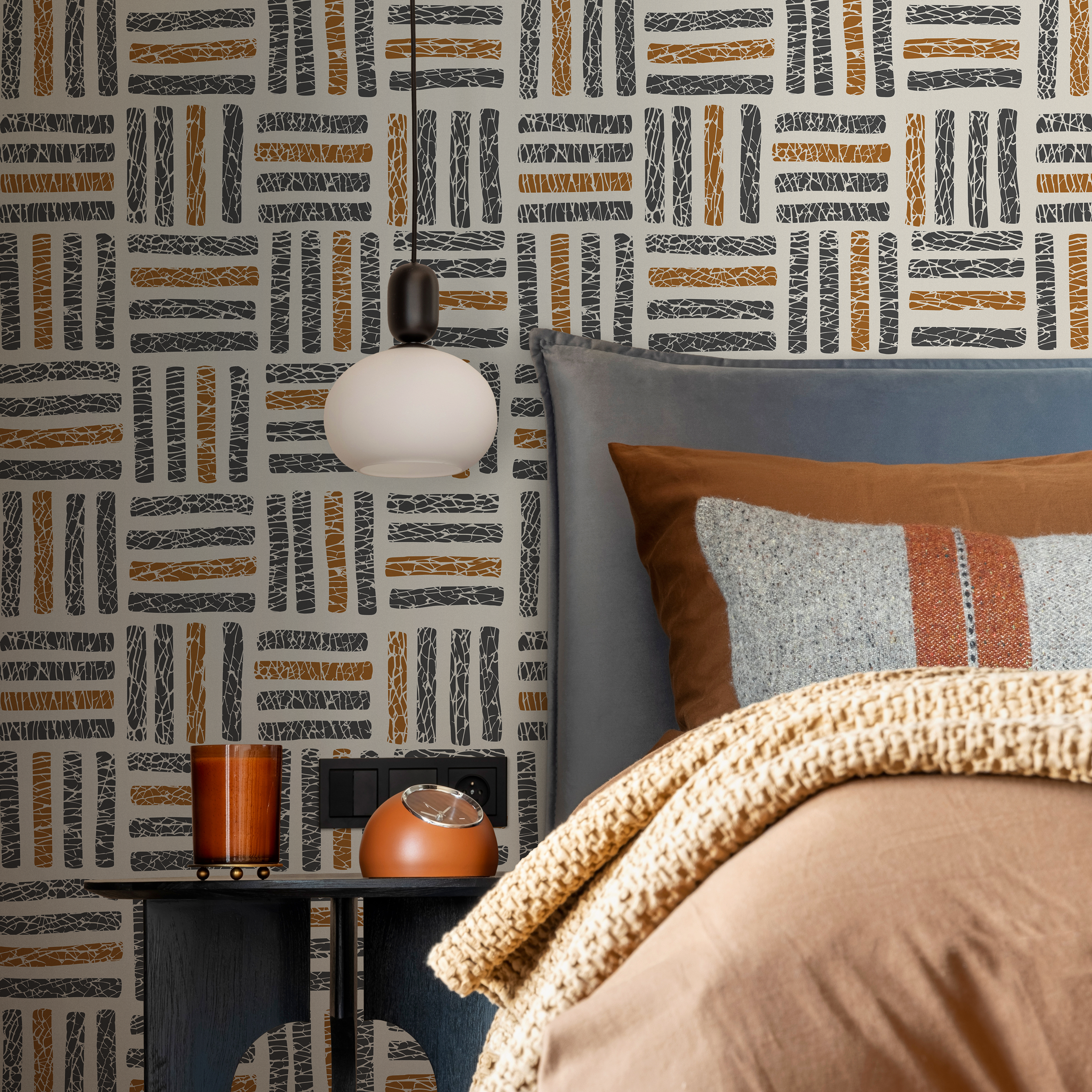 Geometric Wallpaper With A Textured Basketweave Motif In Black And Brown - C471