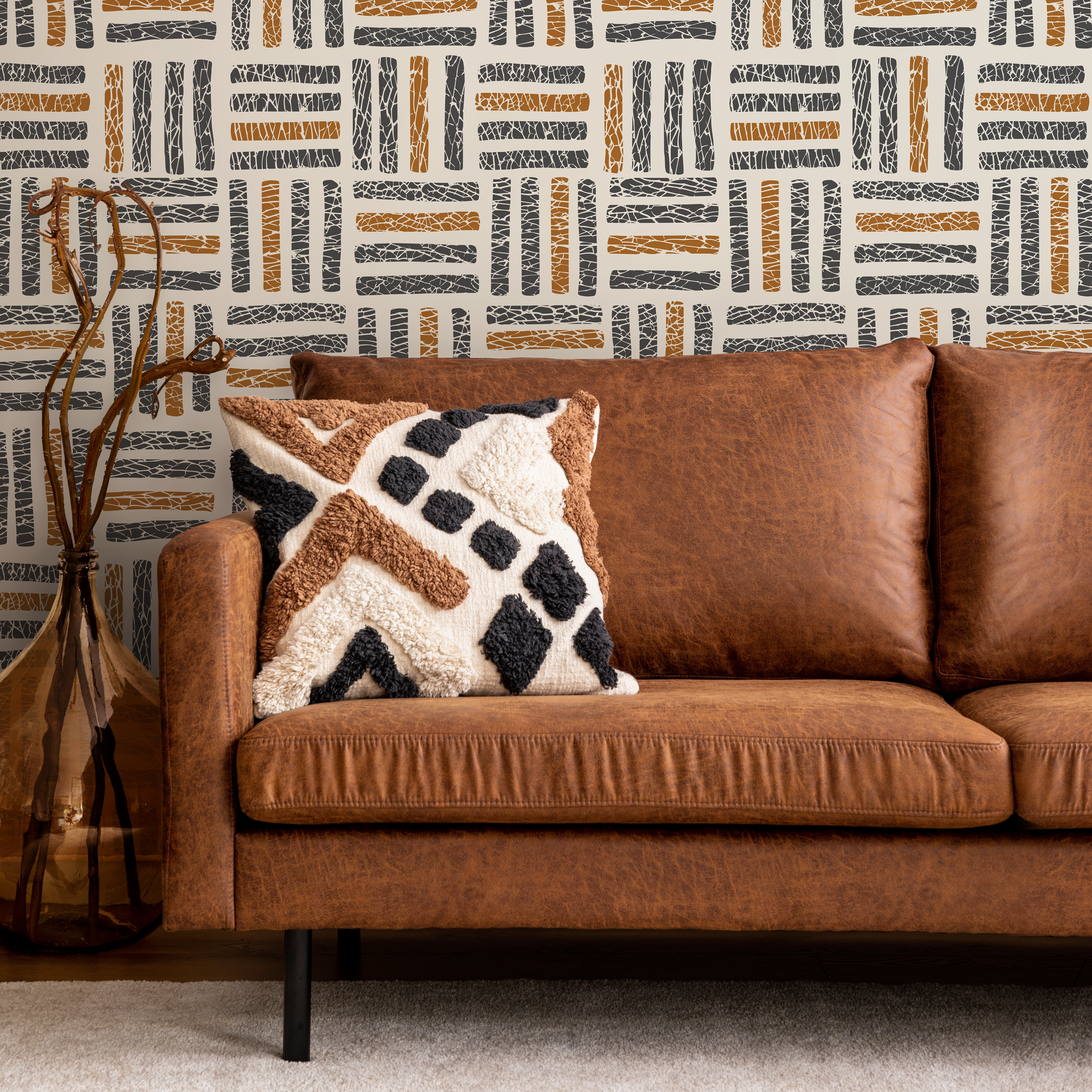 Geometric Wallpaper With A Textured Basketweave Motif In Black And Brown - C471