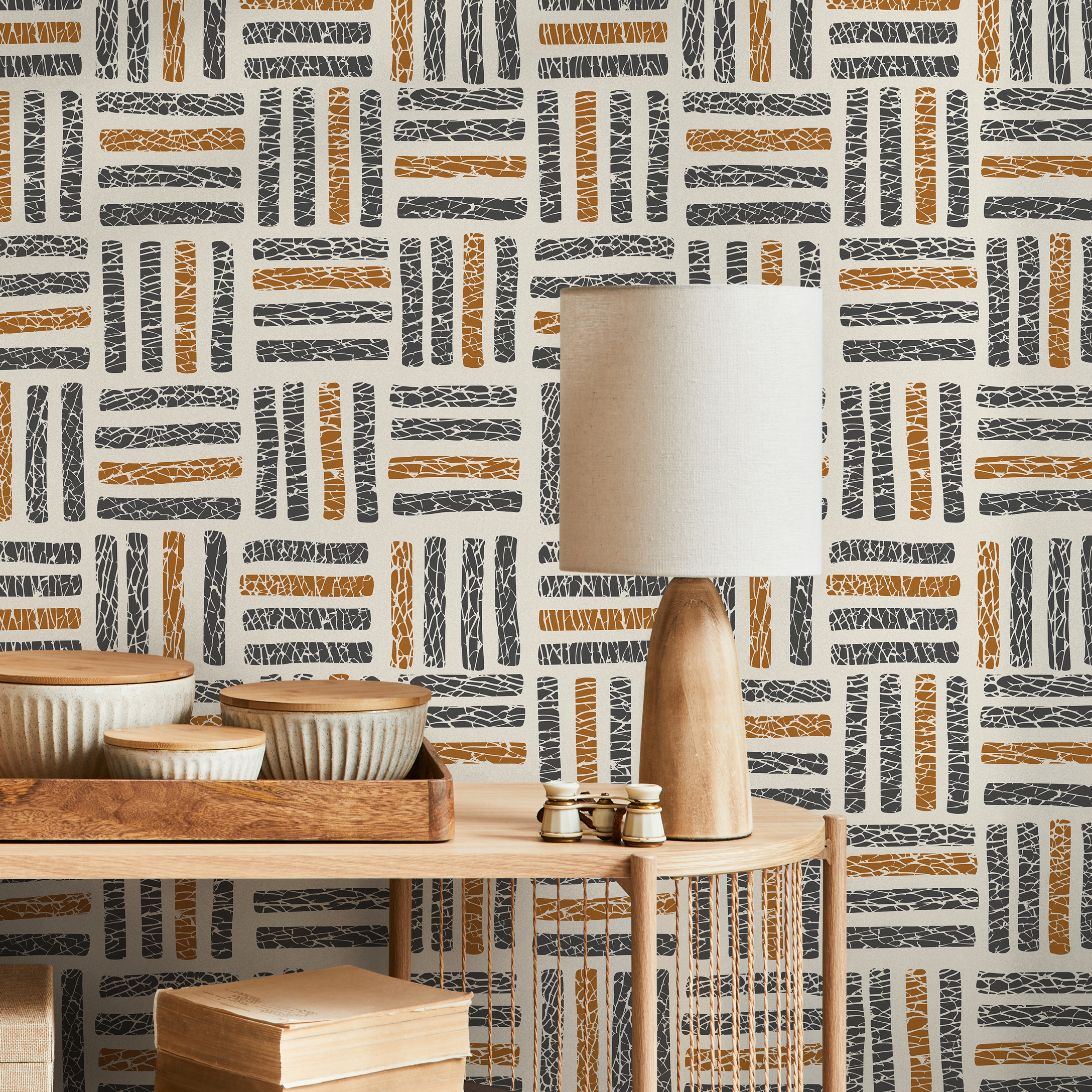 Geometric Wallpaper With A Textured Basketweave Motif In Black And Brown - C471