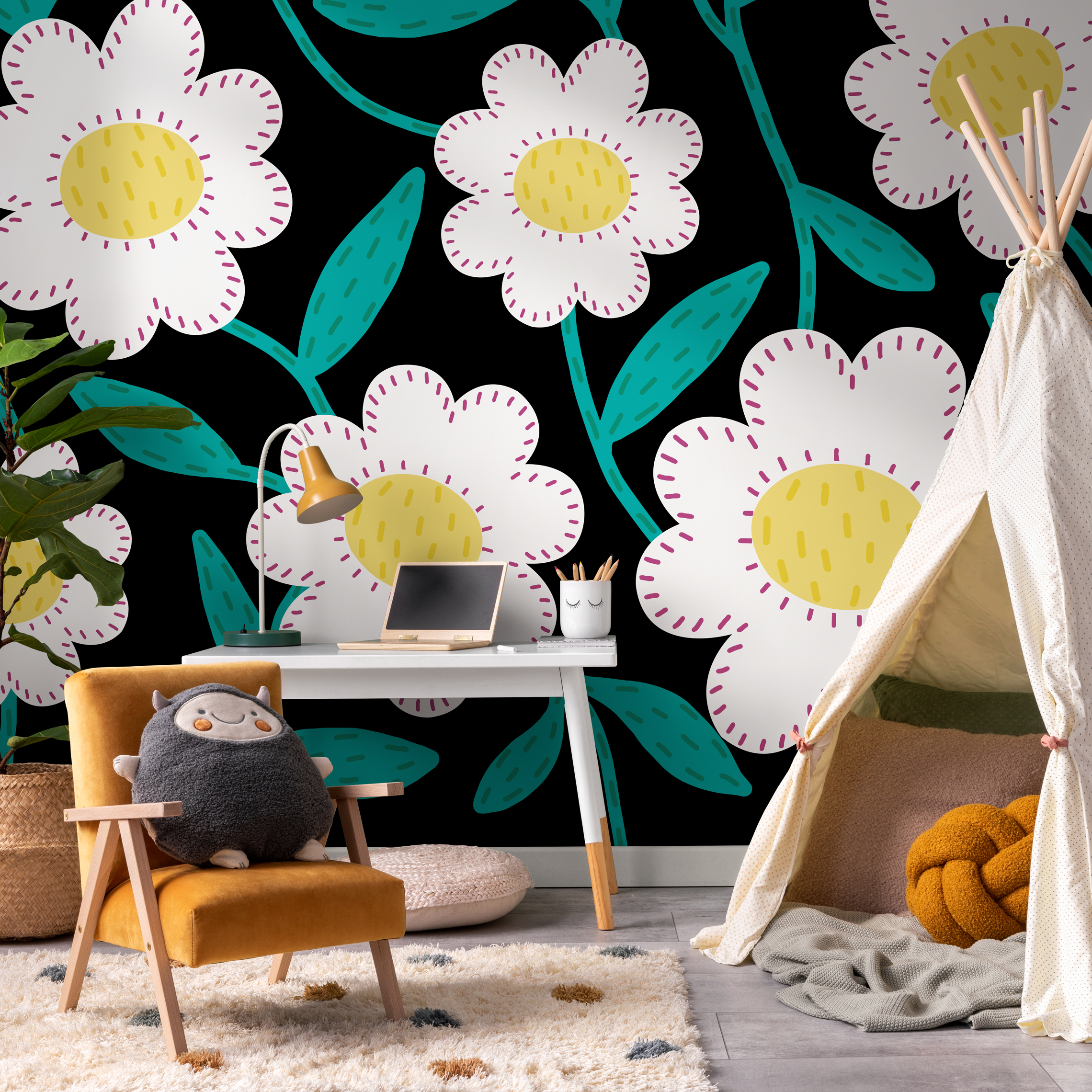 Floral Wallpaper With Stitched Daisy Flowers In Black, Teal, And Yellow - C472
