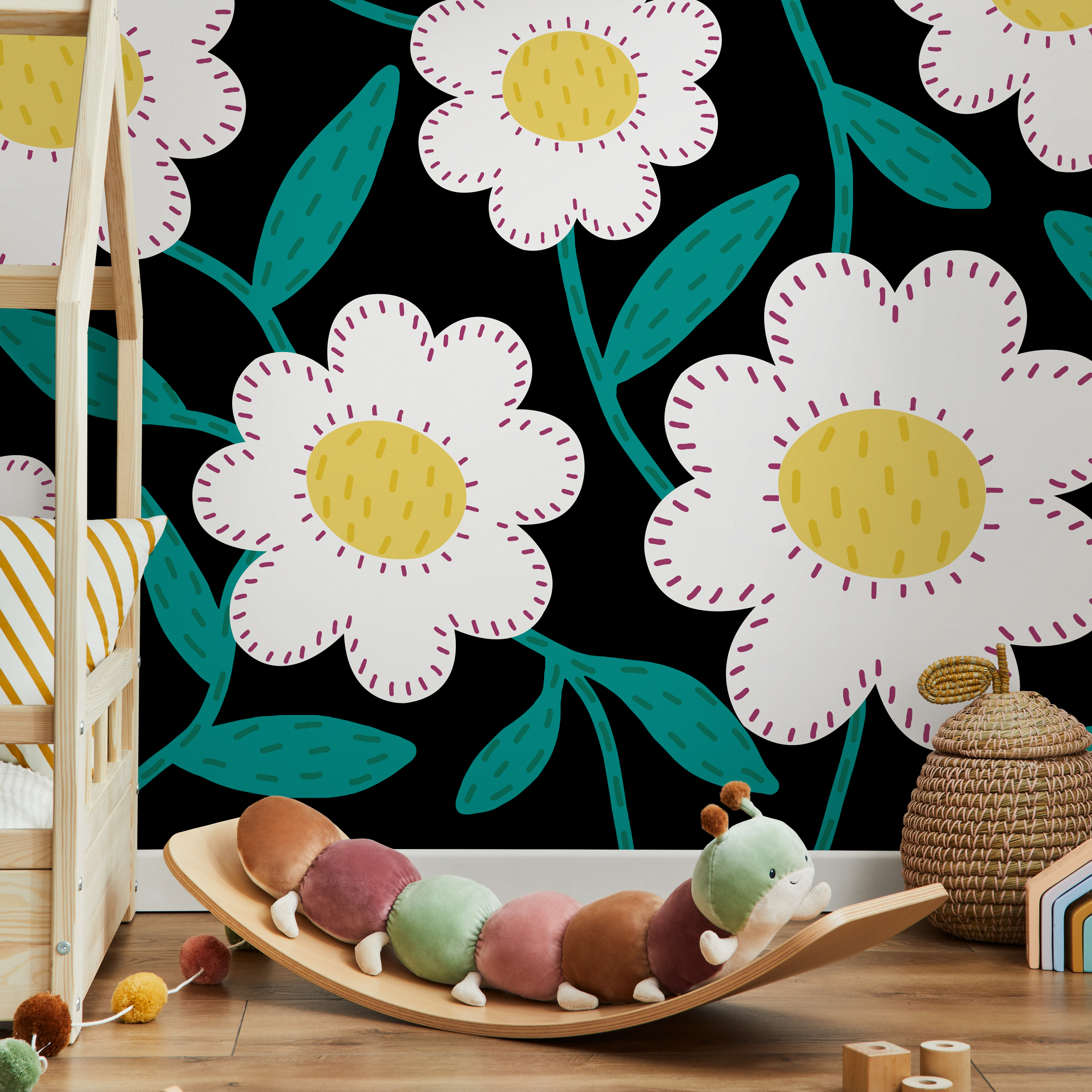Floral Wallpaper With Stitched Daisy Flowers In Black, Teal, And Yellow - C472