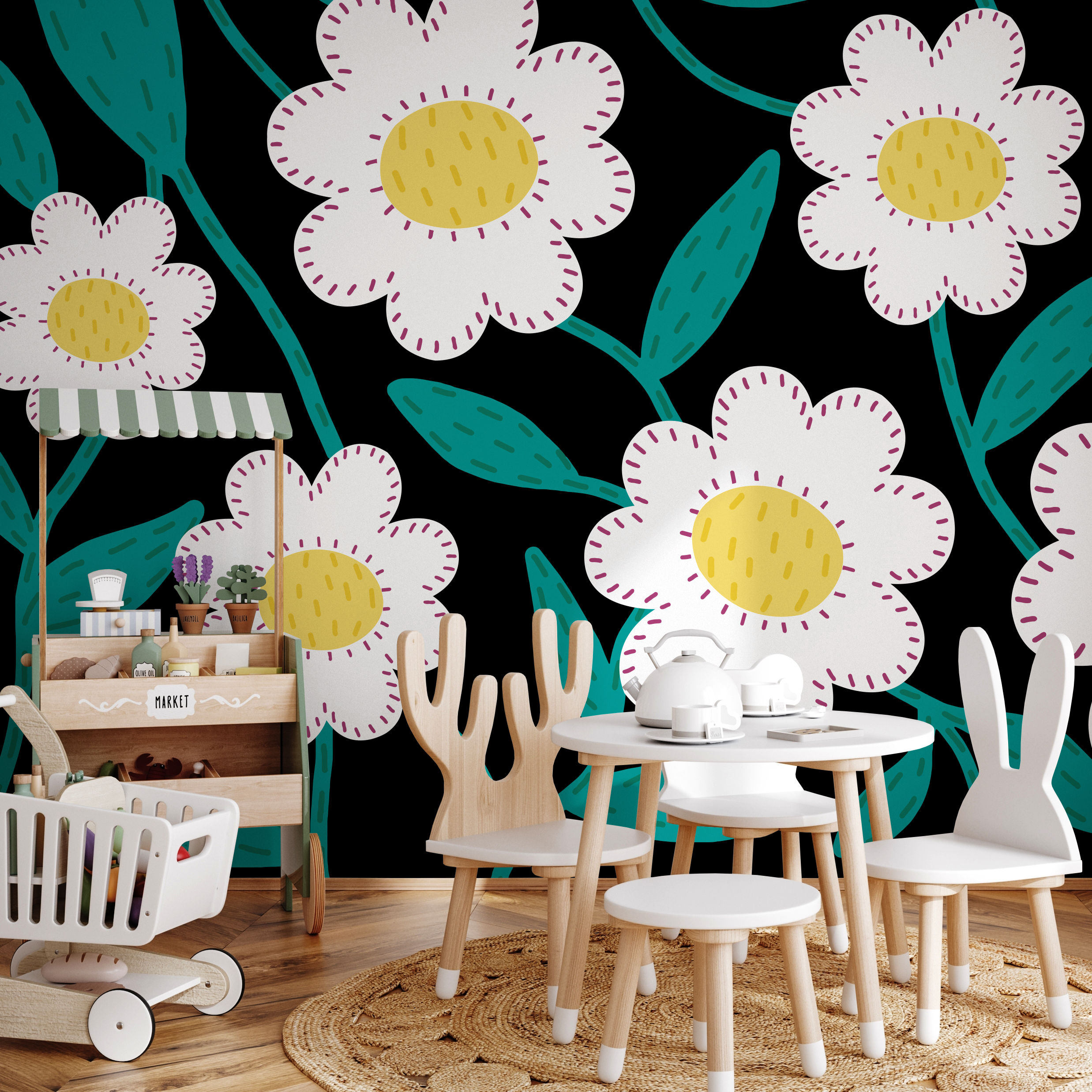 Floral Wallpaper With Stitched Daisy Flowers In Black, Teal, And Yellow - C472