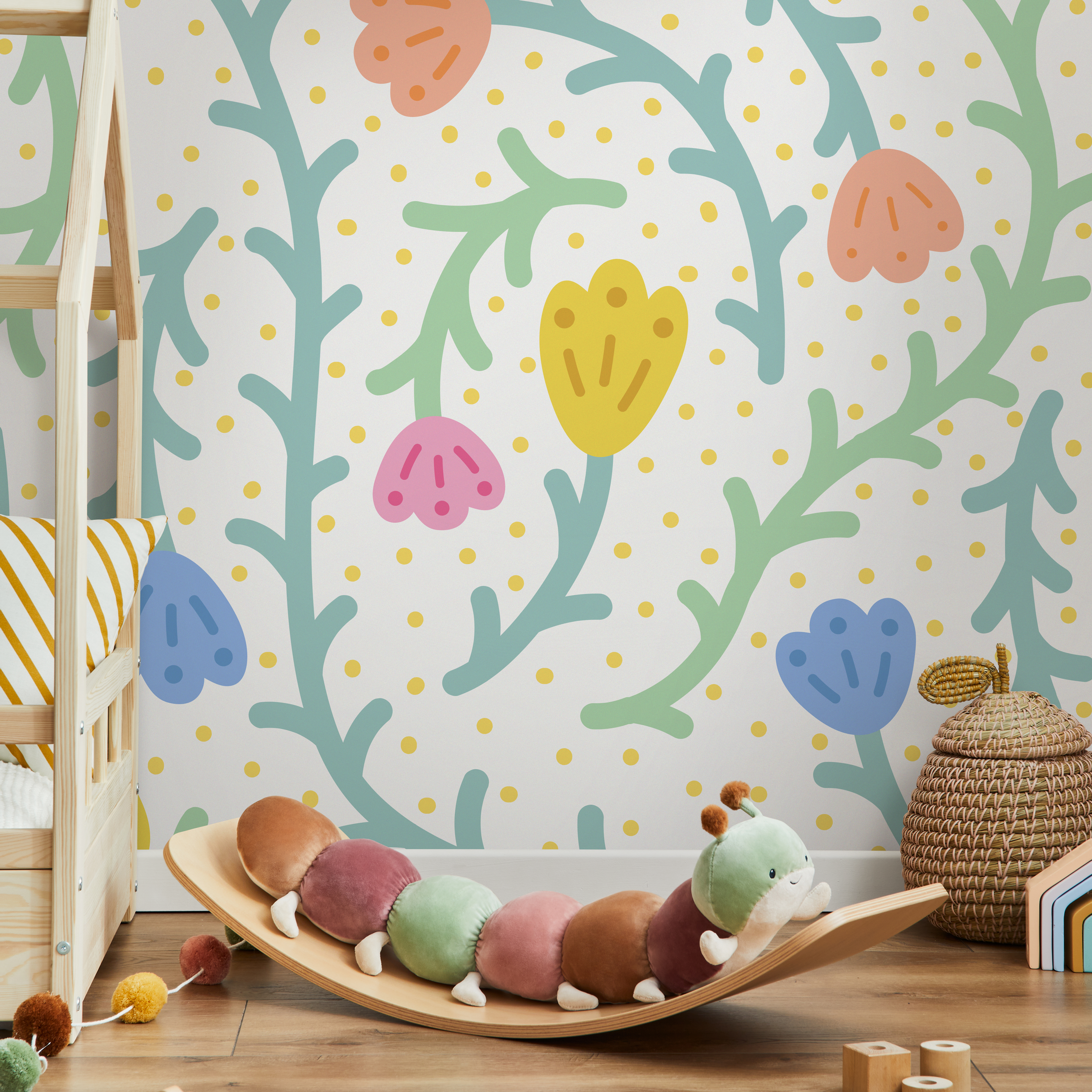 Kids Wallpaper With Abstract Flowers And Dots In Yellow, Blue, And Pink - C474