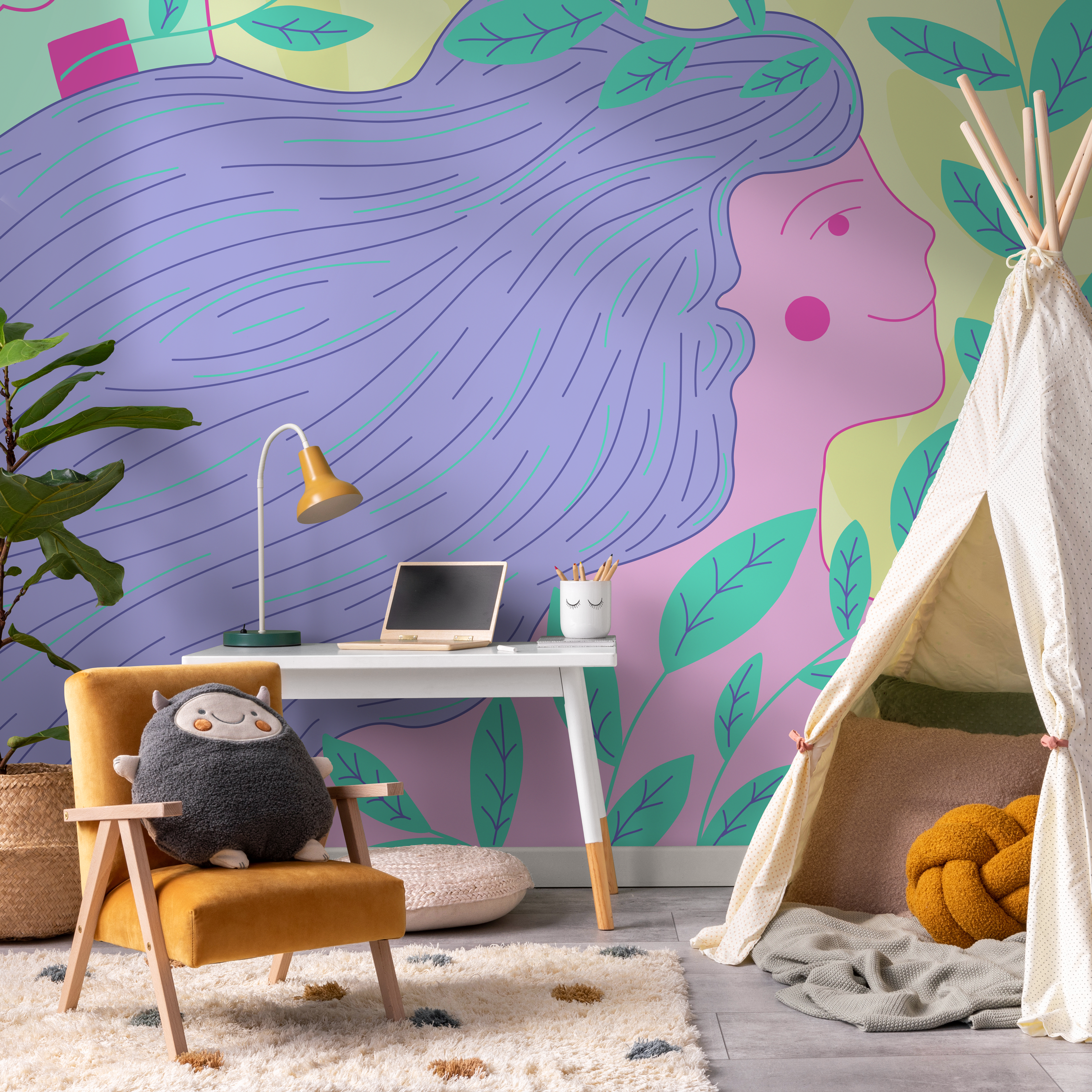 Illustrative Wallpaper With A Stylized Woman In Purple, Pink, And Green - C475