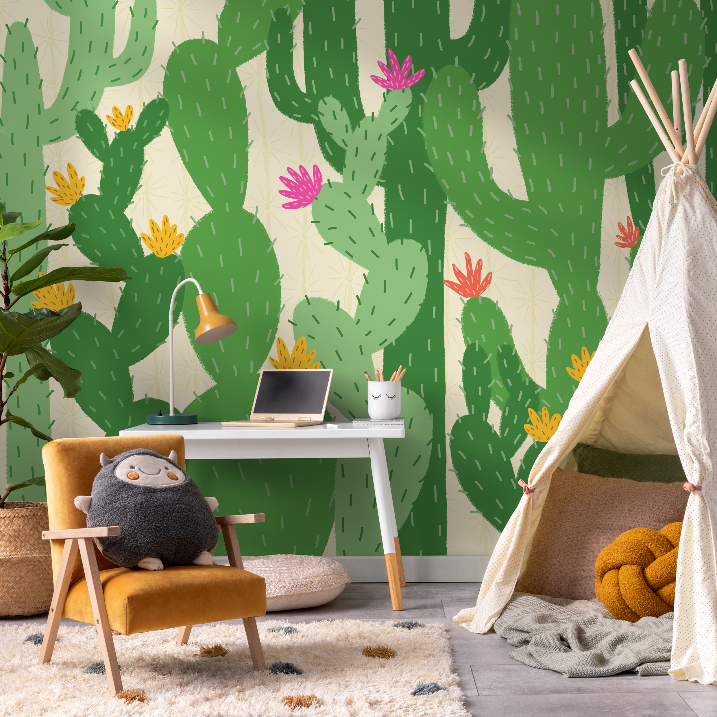 Cactus Wallpaper With Stylized Desert Flowers In Green, Pink, And Yellow - C477