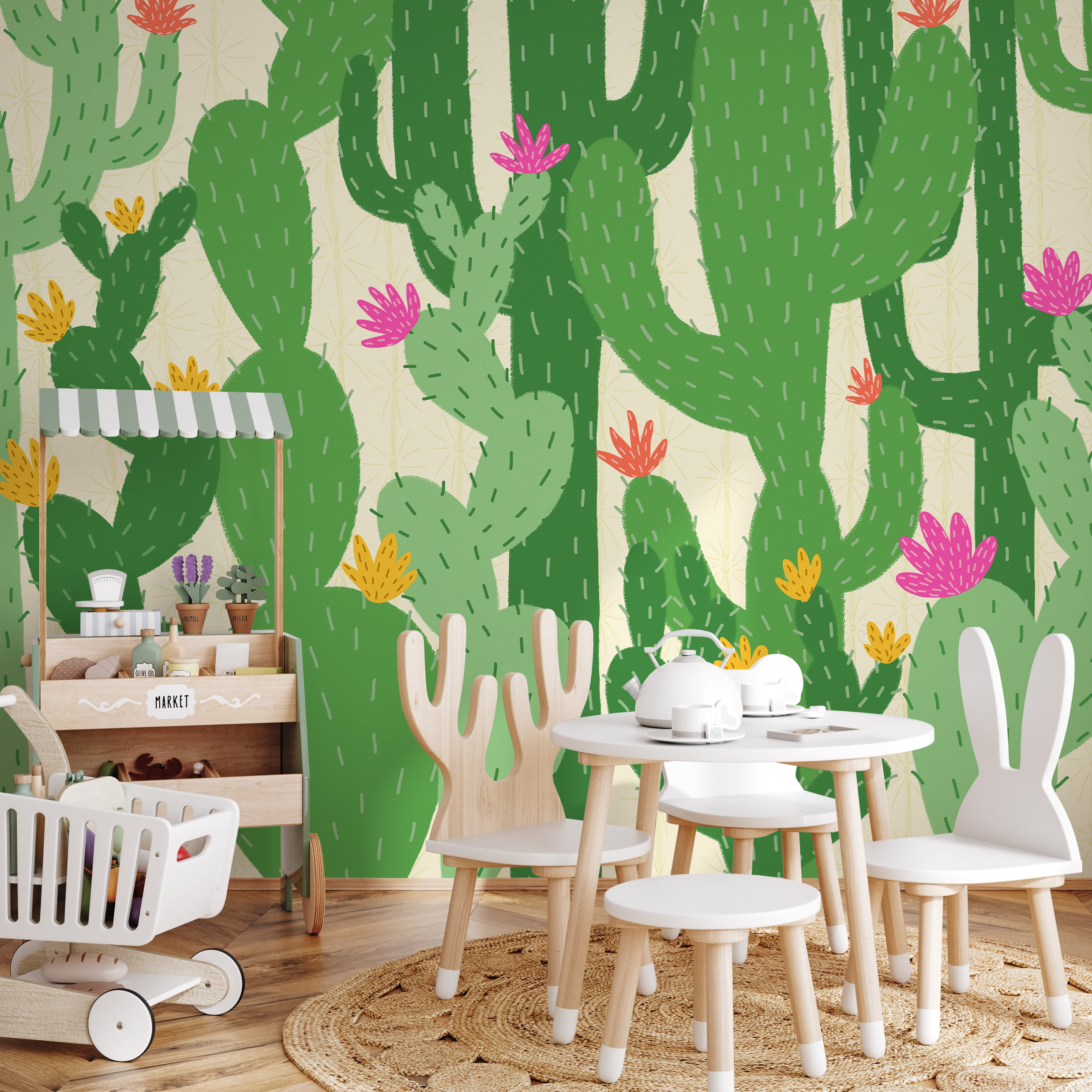 Cactus Wallpaper With Stylized Desert Flowers In Green, Pink, And Yellow - C477