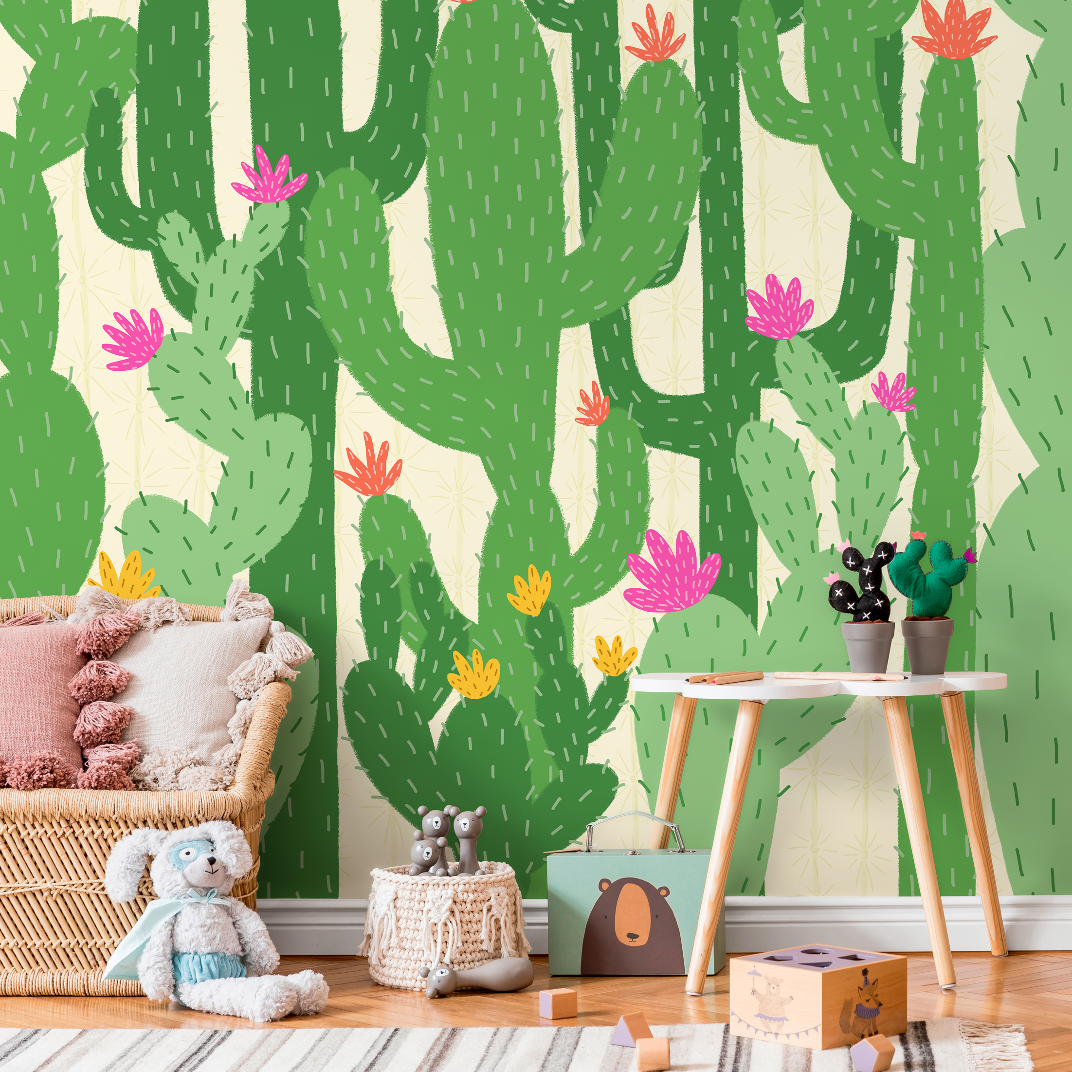 Cactus Wallpaper With Stylized Desert Flowers In Green, Pink, And Yellow - C477