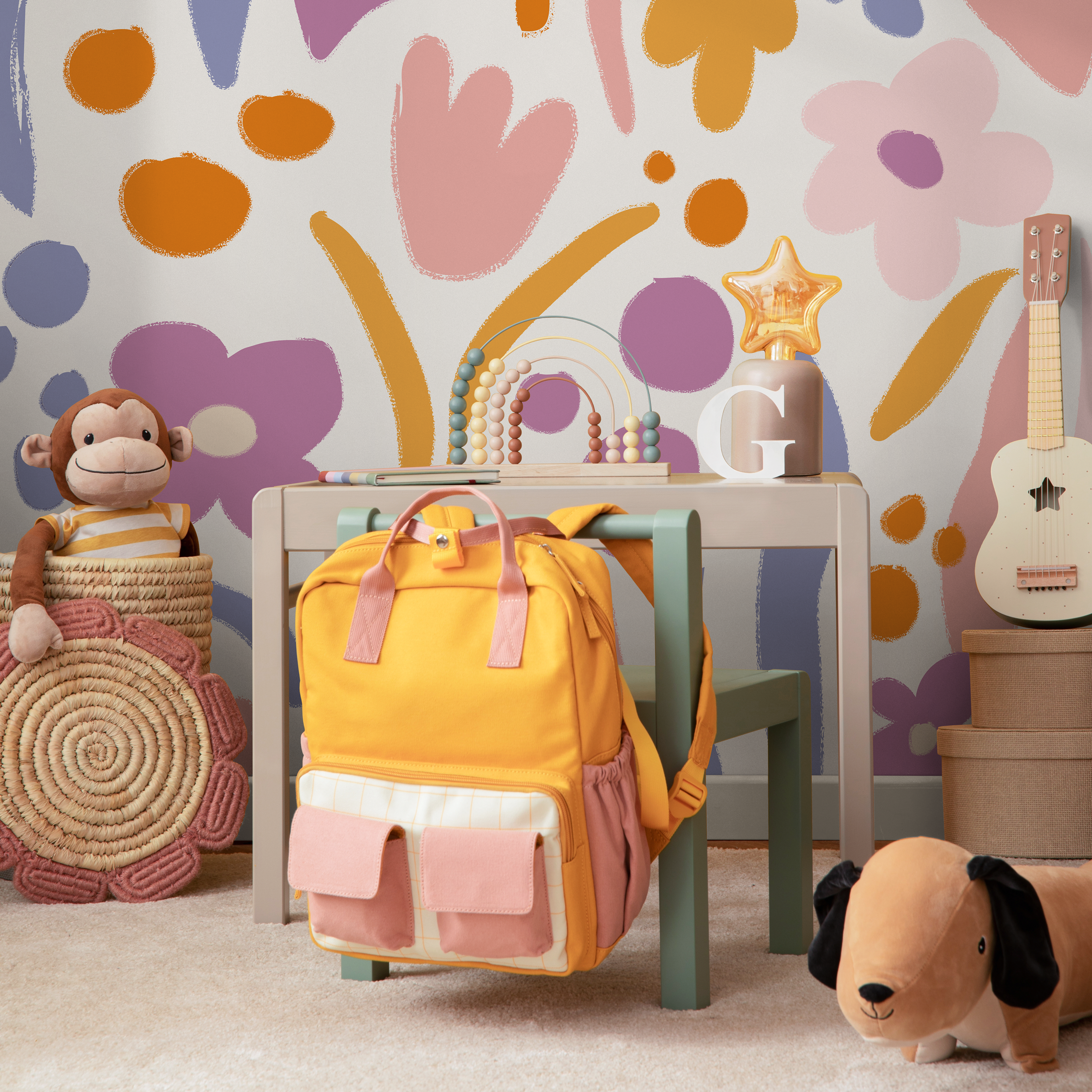 Floral Wallpaper With Abstract Brushstrokes In Pink, Purple, And Orange - As2-c479