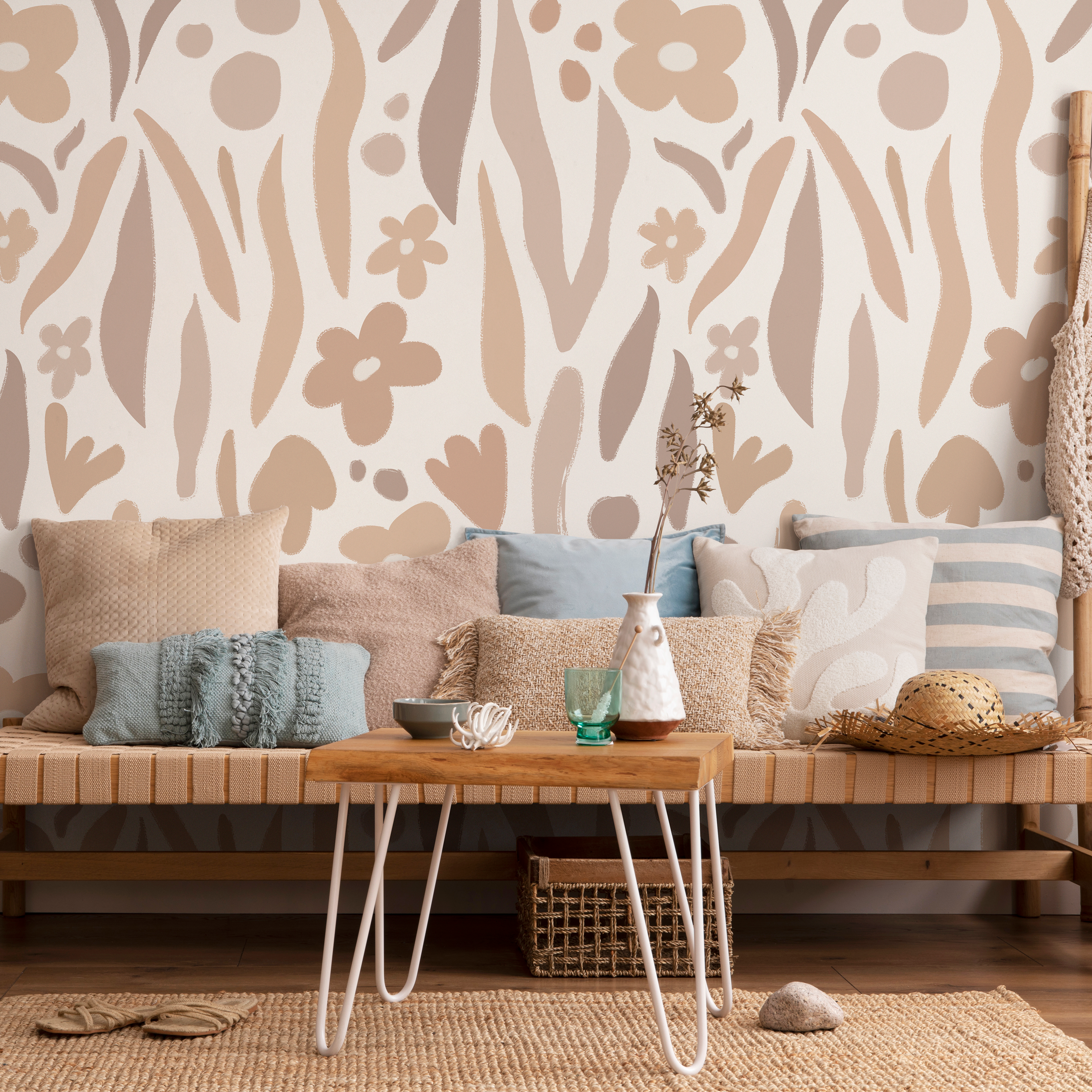Boho Wallpaper With Abstract Flowers In Beige And Brown - As2-c480