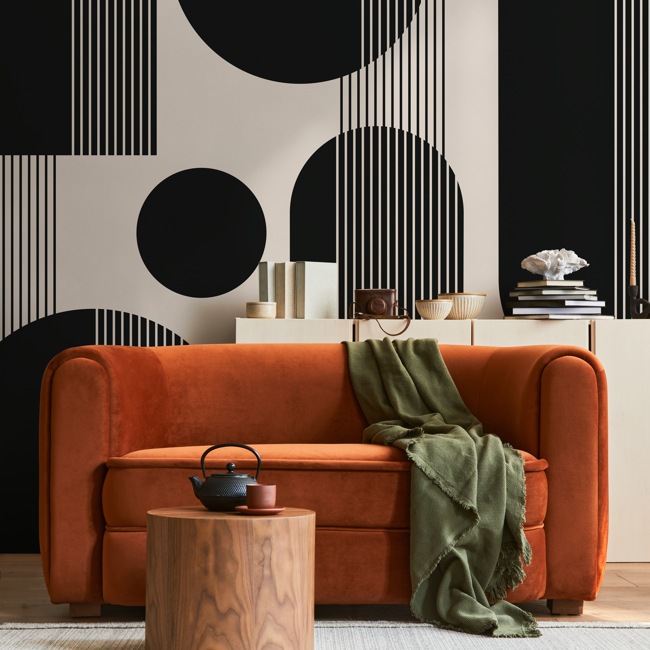 Geometric Wallpaper With Bold Arches And Stripes In Black And Beige - As2-c481