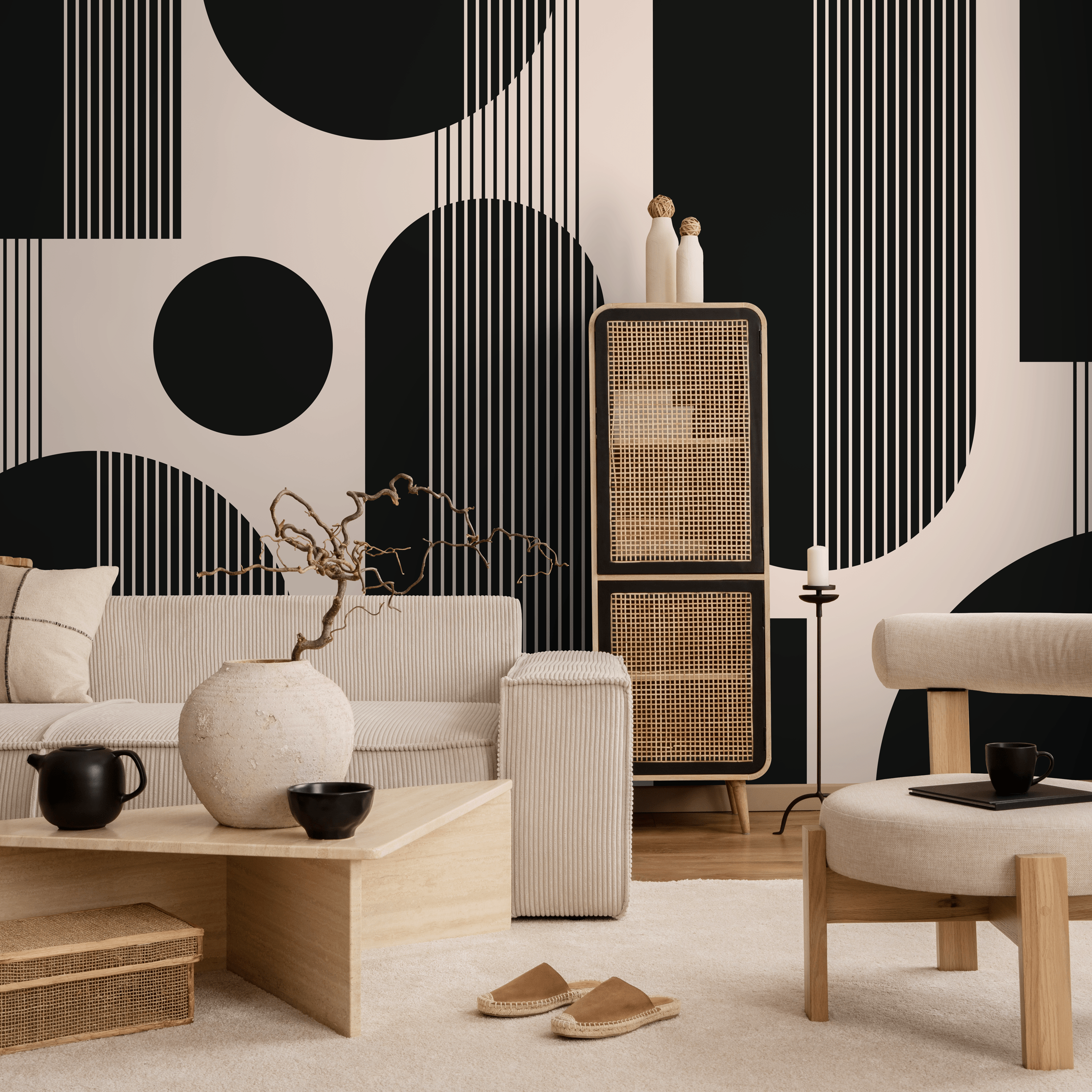 Geometric Wallpaper With Bold Arches And Stripes In Black And Beige - As2-c481