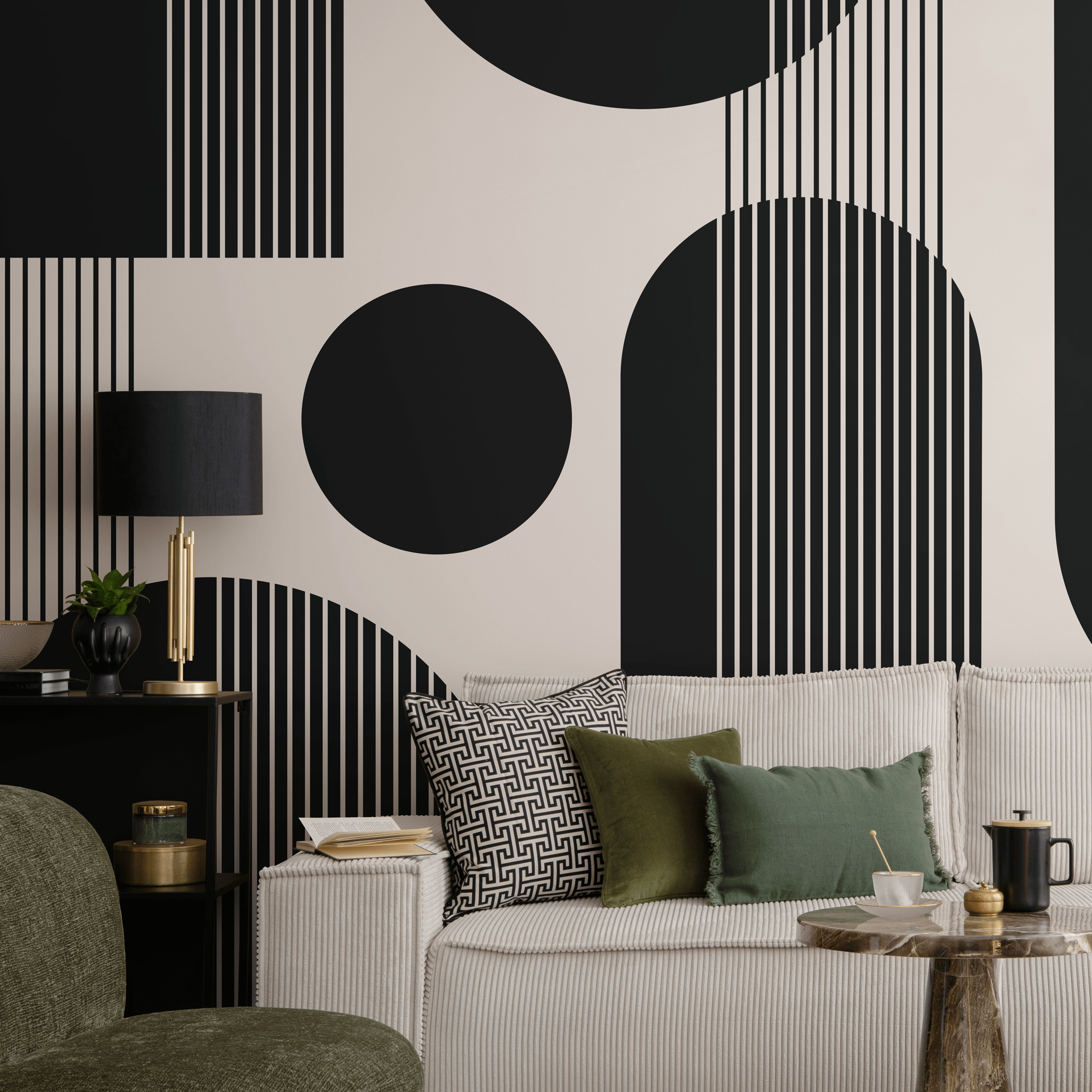 Geometric Wallpaper With Bold Arches And Stripes In Black And Beige - As2-c481