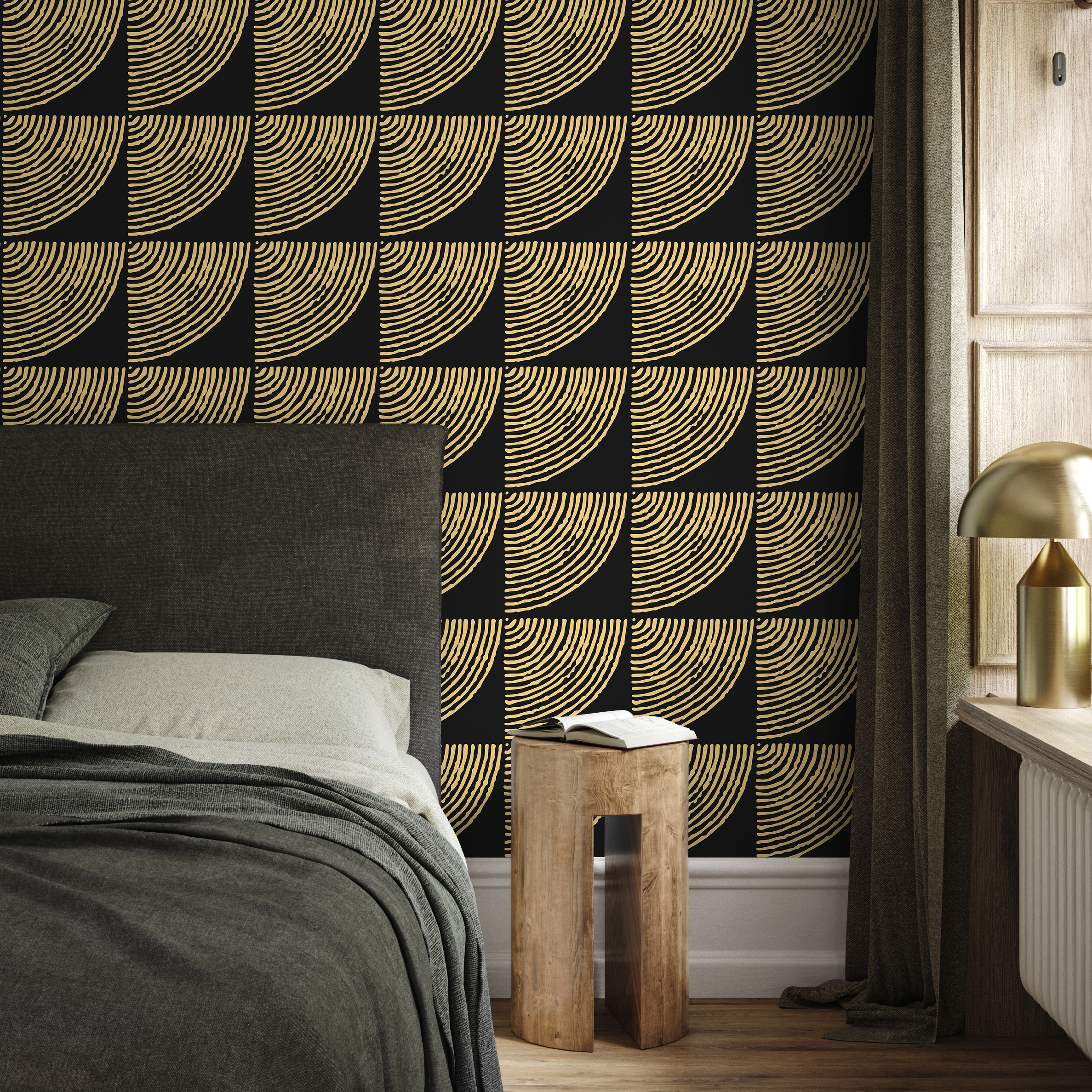 Geometric Wallpaper With A Tiled Arc Motif In Black And Gold - C483