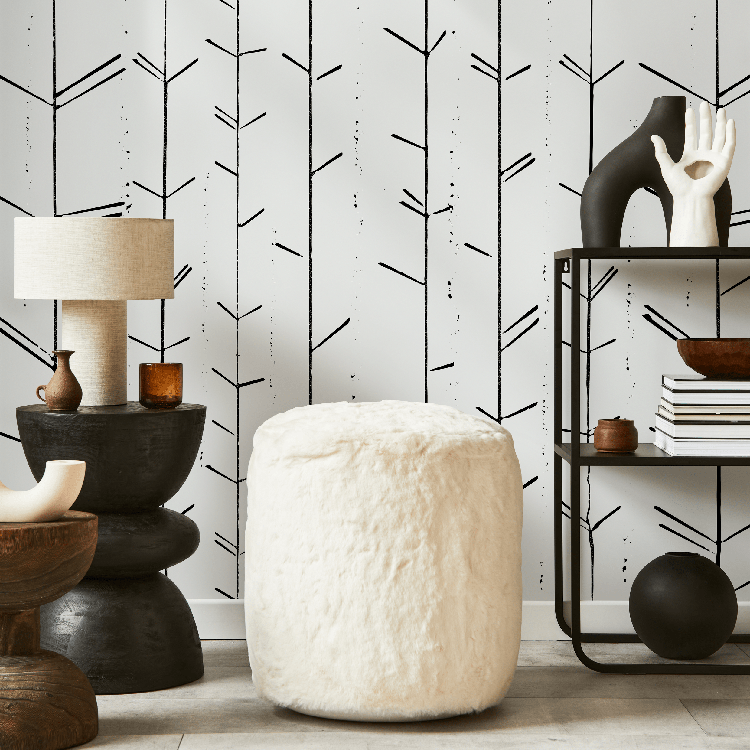 Minimalist Wallpaper With Abstract Branch Stems In Black - C485