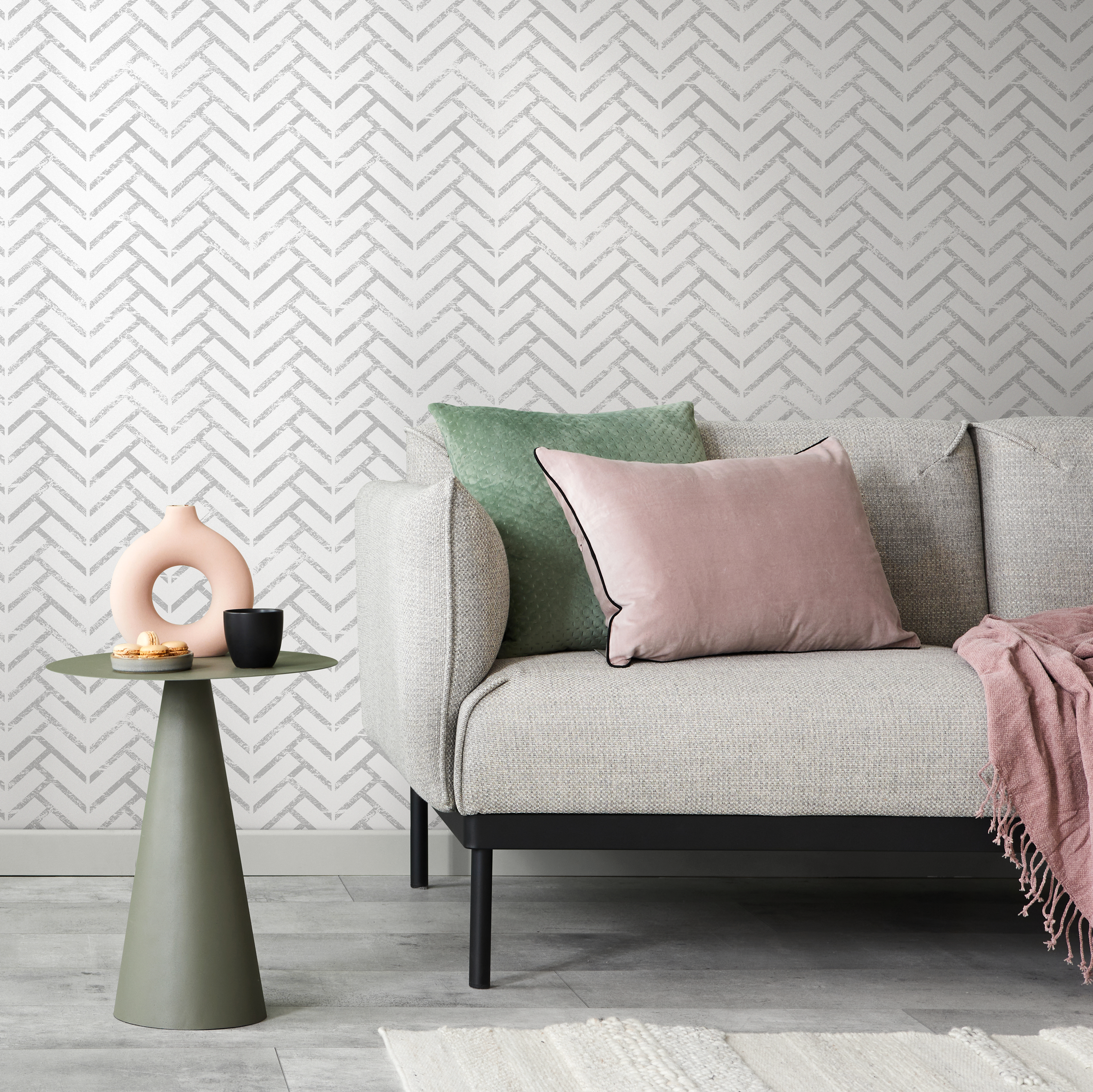 Herringbone Wallpaper With A Textured Motif In Gray - C490