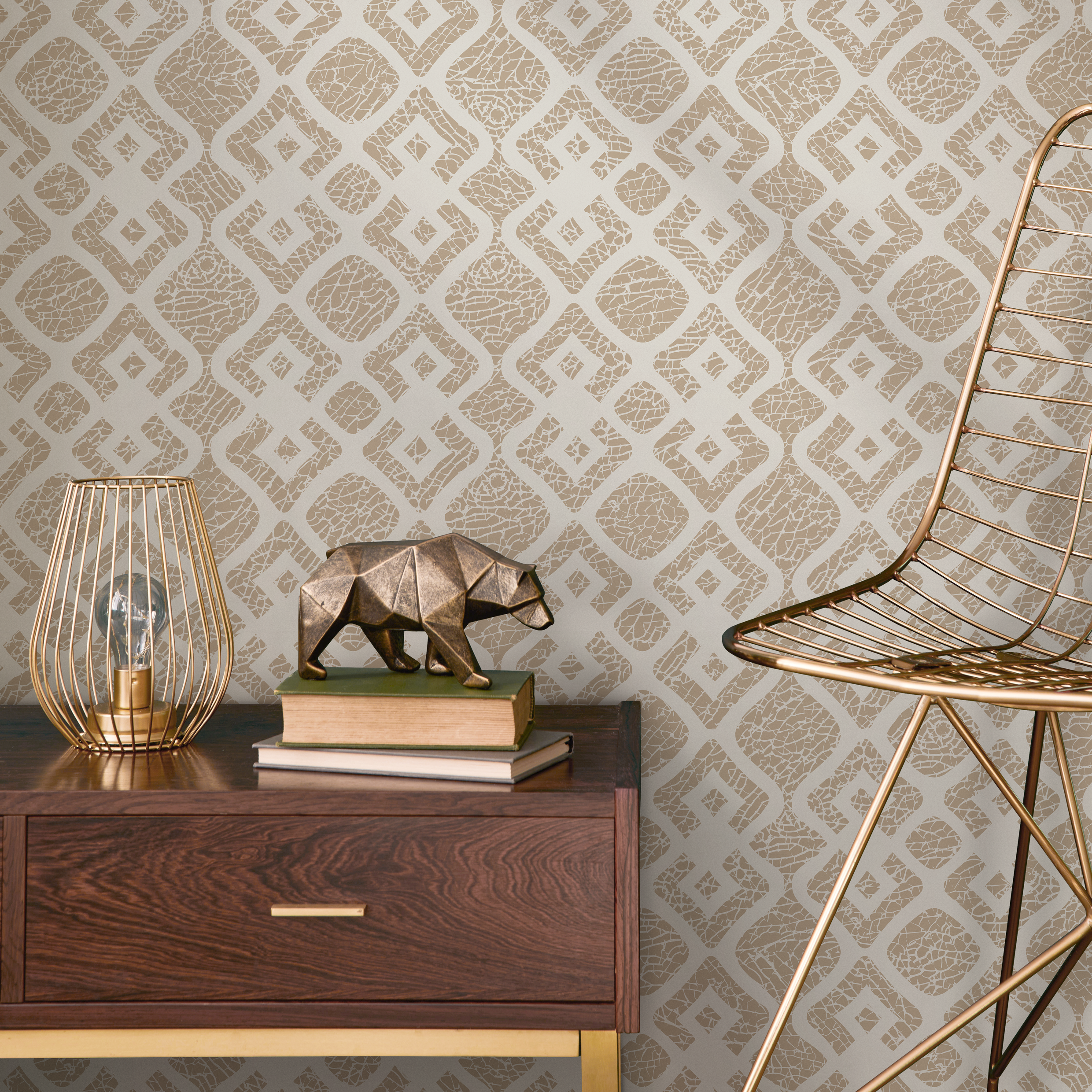Geometric Wallpaper With A Textured Trellis Motif In Beige And Cream - C491