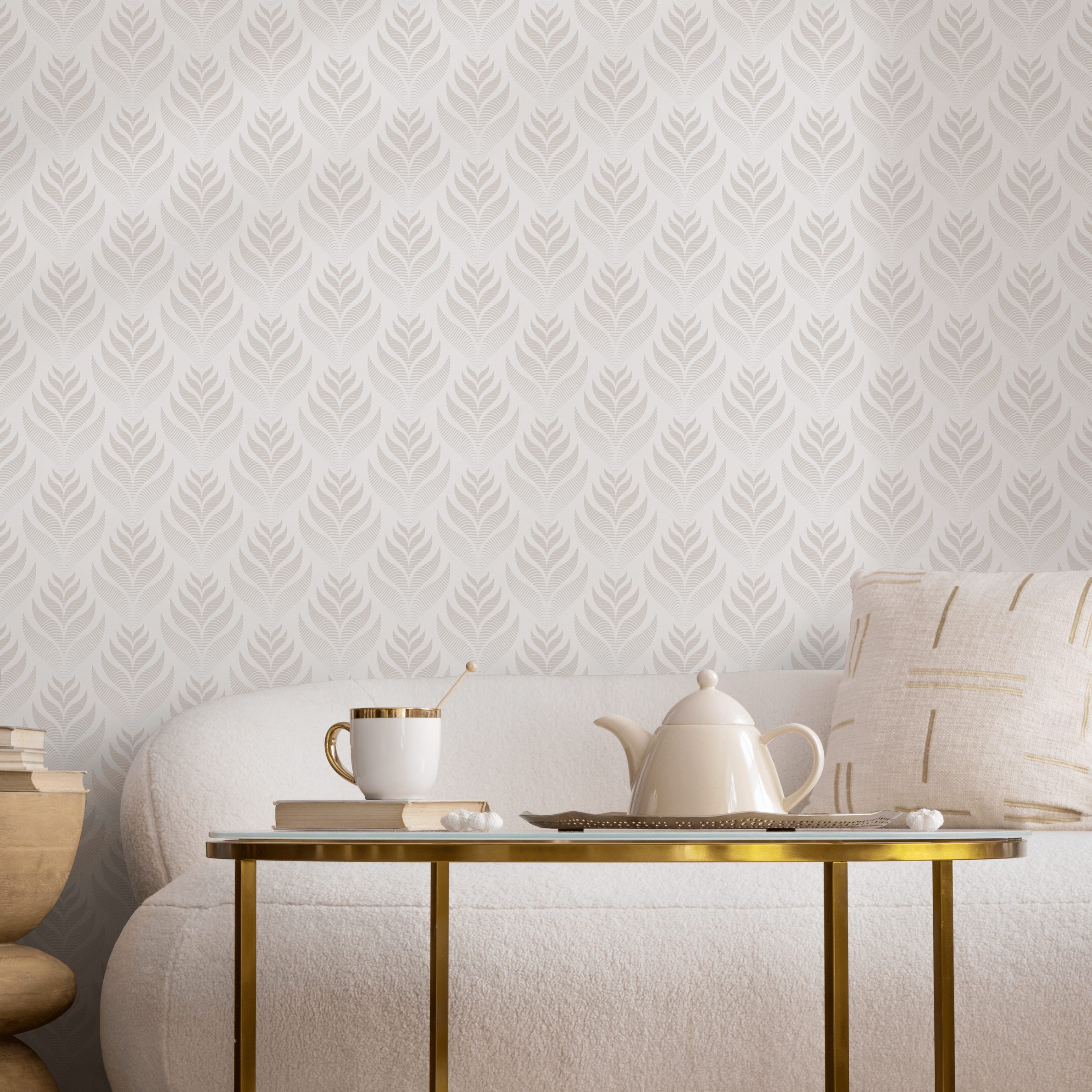 Leaf Wallpaper With A Stylized Frond Motif In Beige - C492