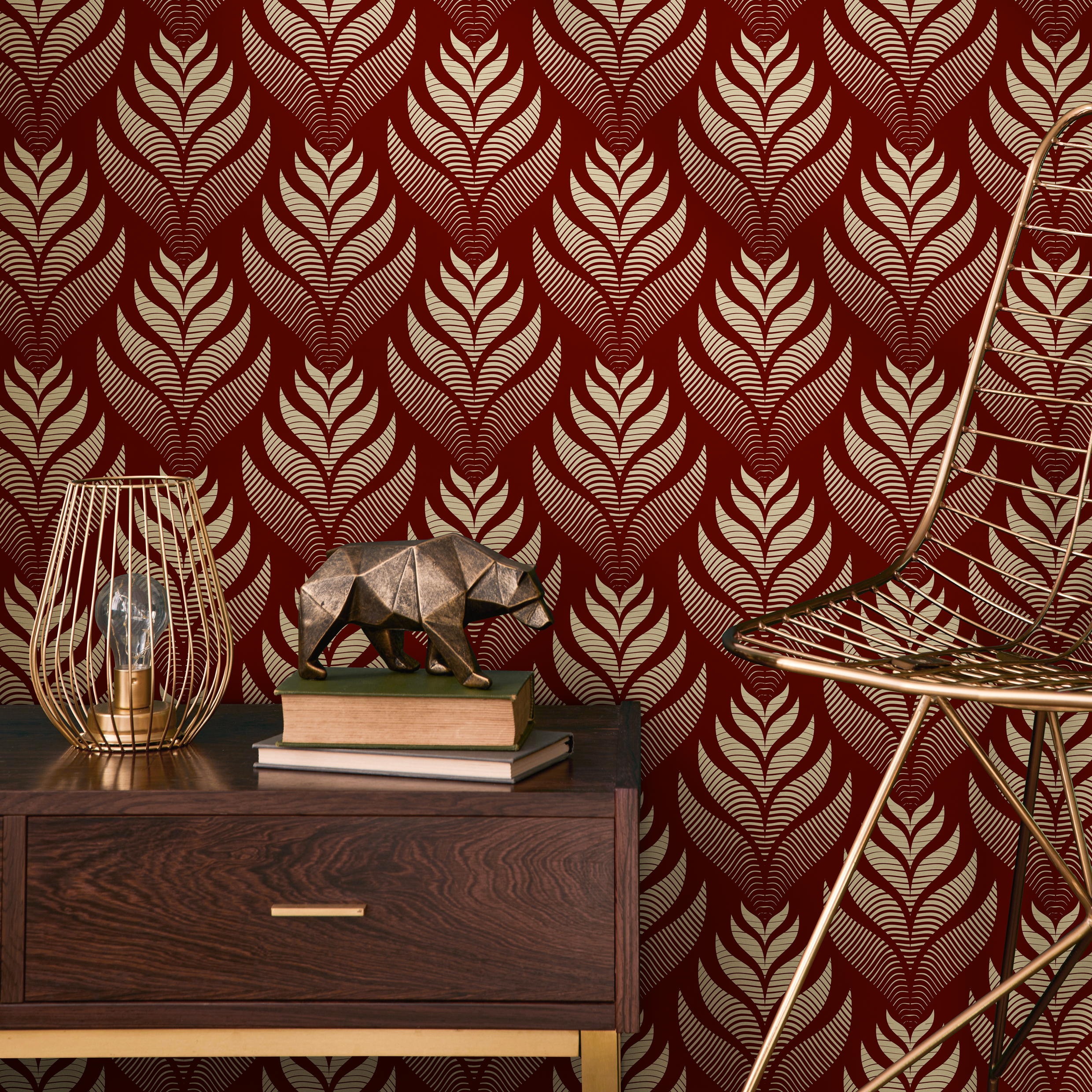 Art Deco Wallpaper With A Stylized Leaf Motif In Red And Cream - C493