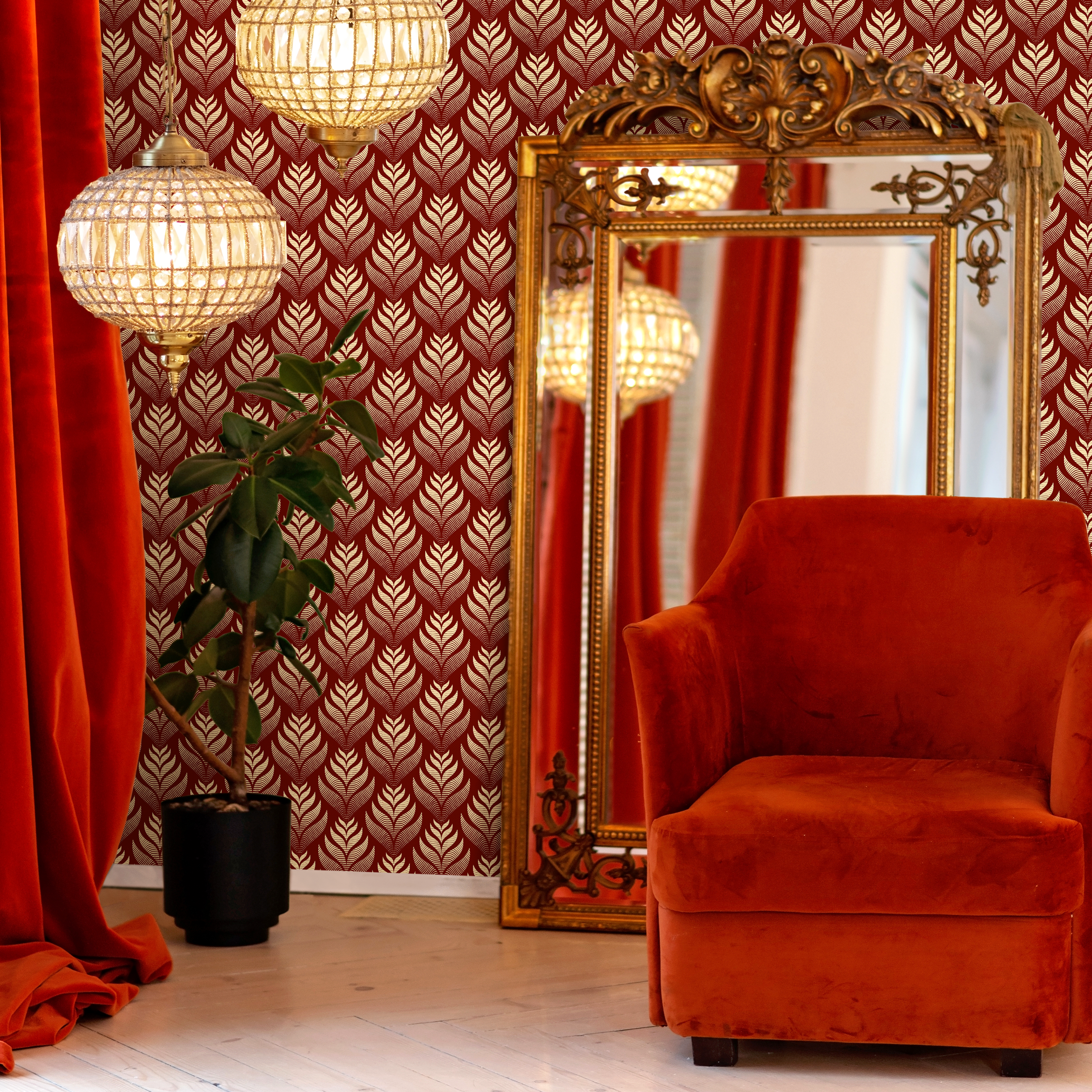 Art Deco Wallpaper With A Stylized Leaf Motif In Red And Cream - C493