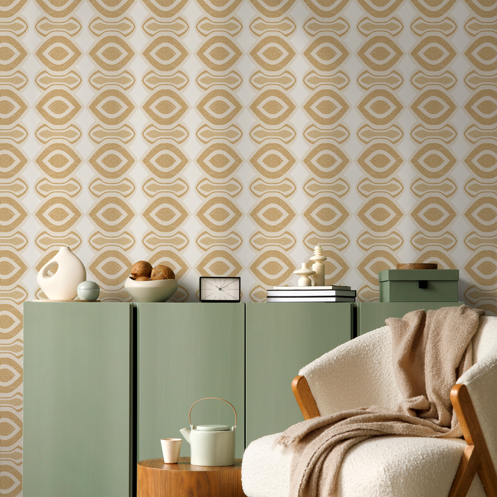 Mid Century Wallpaper With A Retro Oval Motif In Beige And Gold - C494