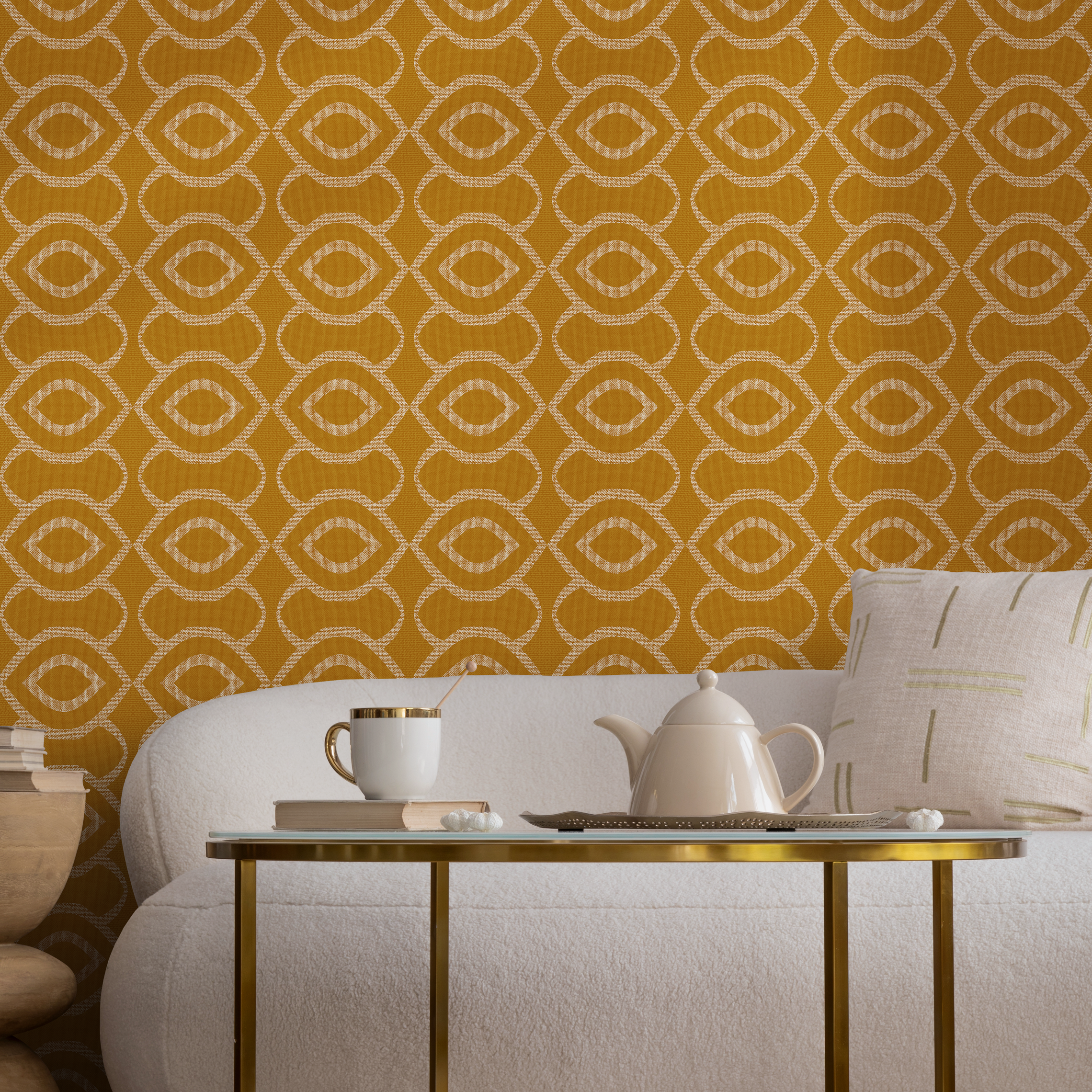 Retro Wallpaper With A Geometric Chain Link Motif In Mustard Yellow And Beige - C495