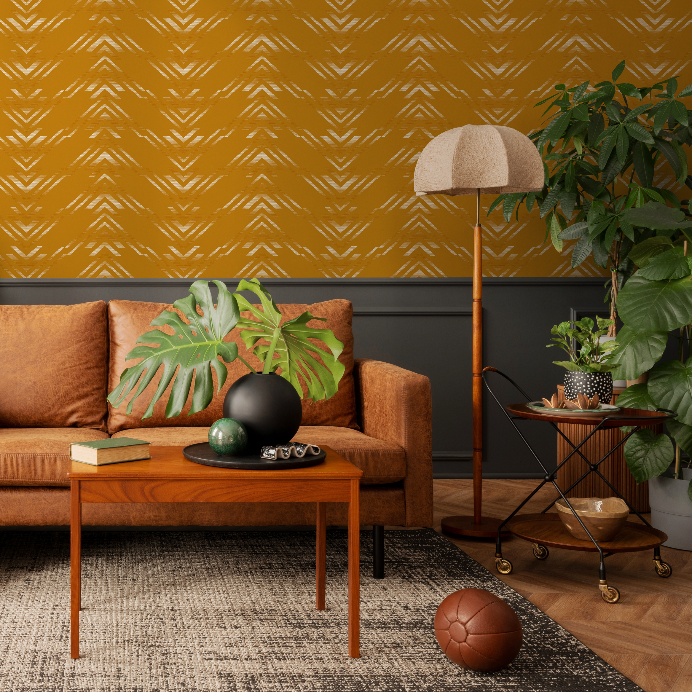 Geometric Wallpaper With A Minimalist Chevron Motif In Mustard Yellow And White - C497