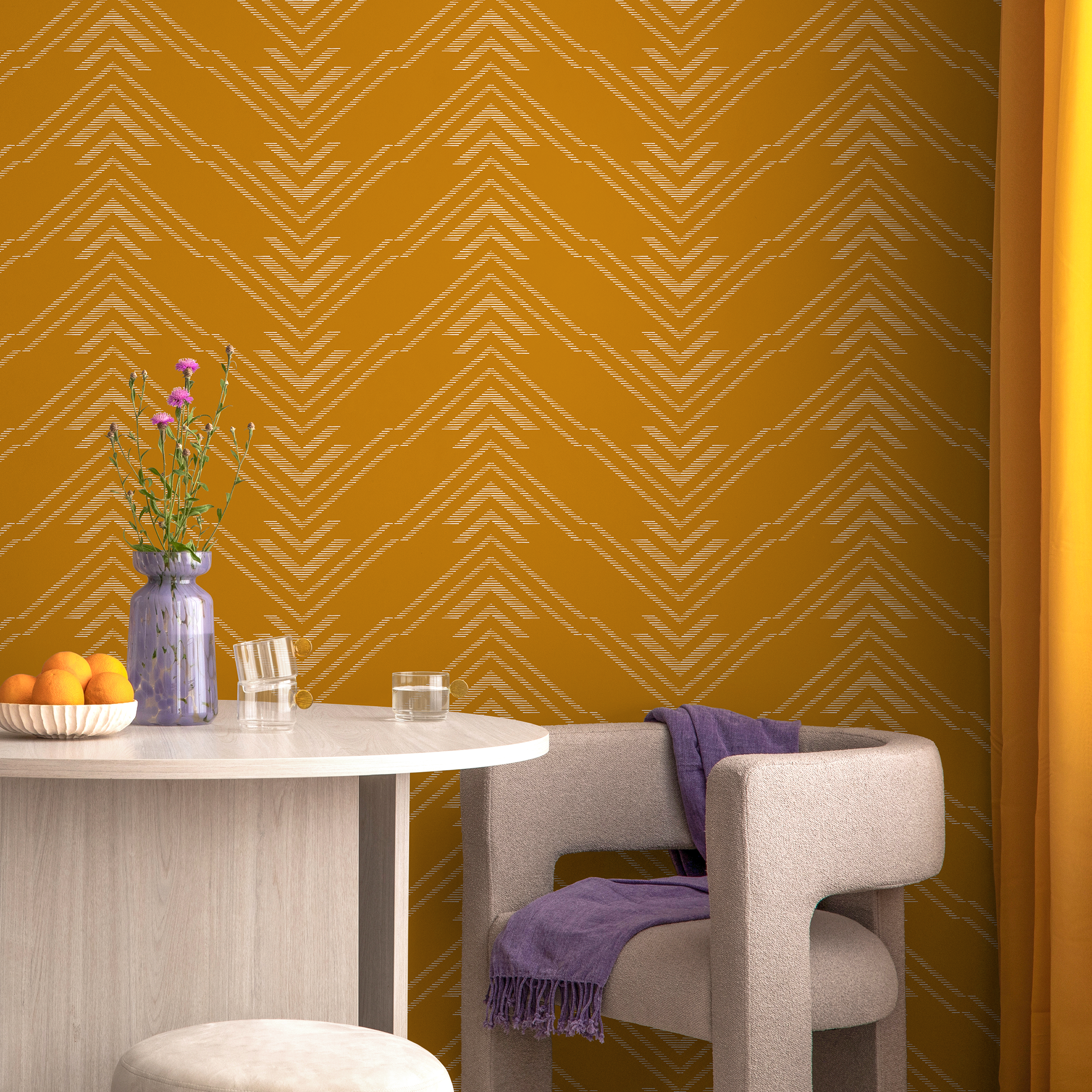 Geometric Wallpaper With A Minimalist Chevron Motif In Mustard Yellow And White - C497