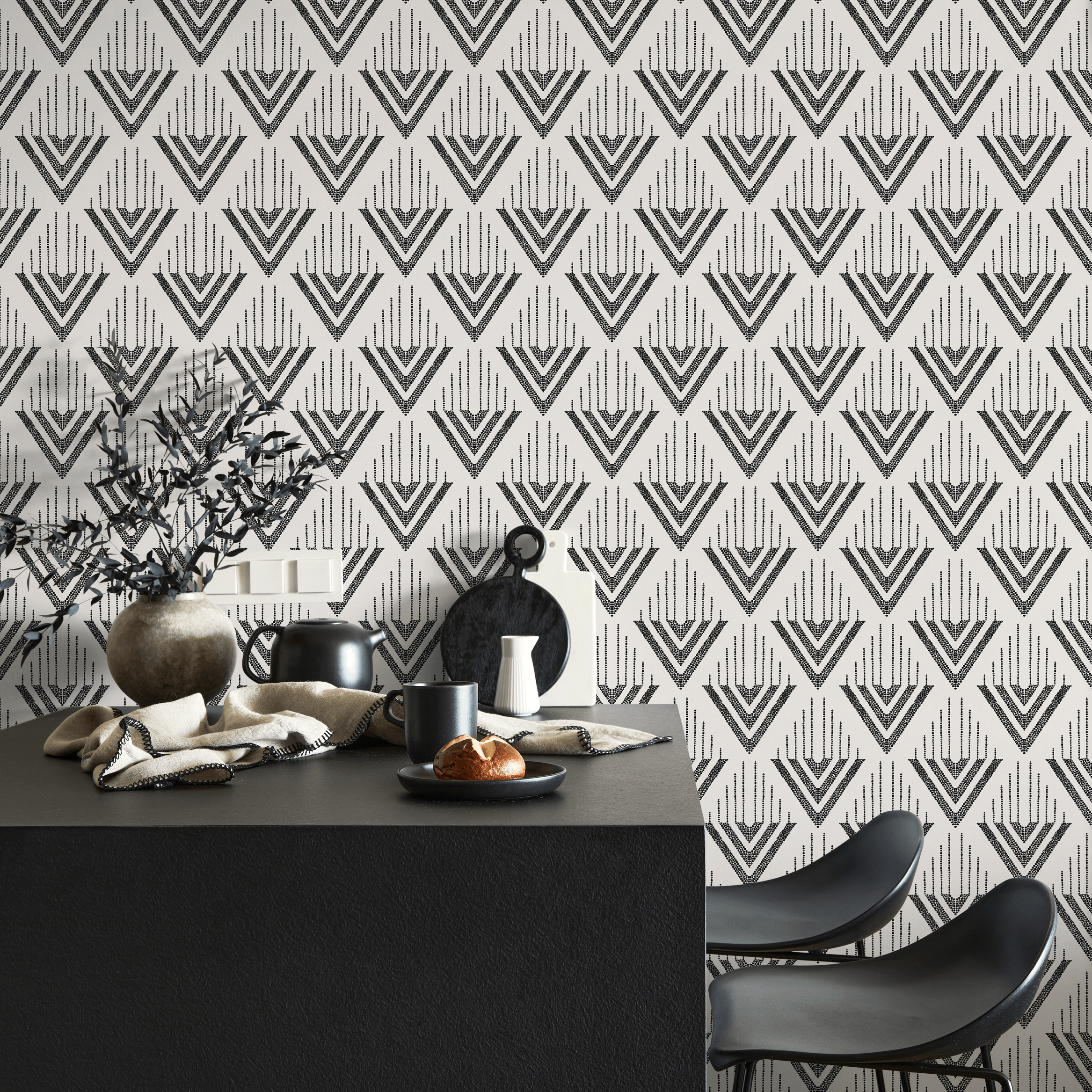Geometric Wallpaper With A Textured Chevron Motif In Black - C498