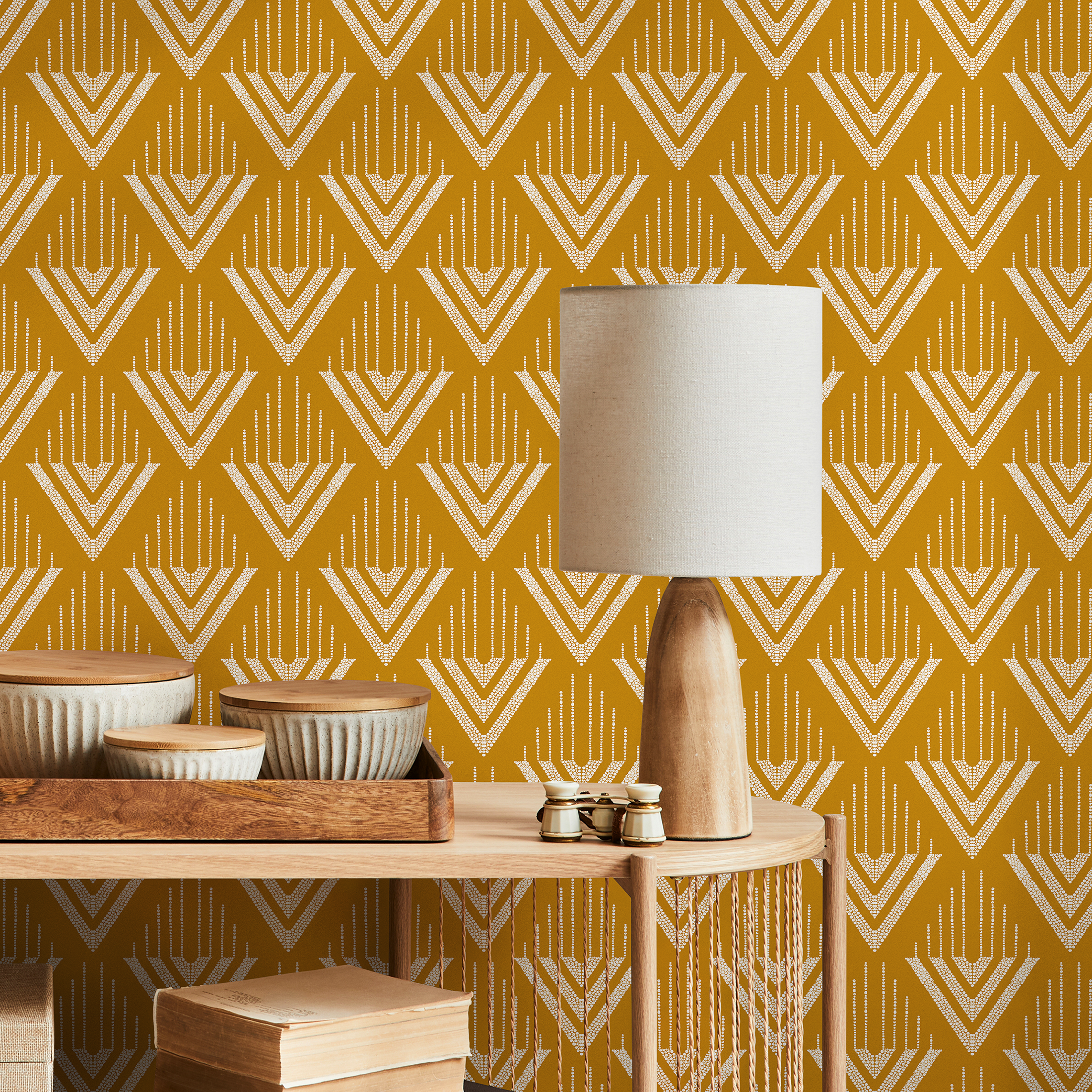 Geometric Wallpaper With A Repeating Chevron Motif In Mustard And White - C499