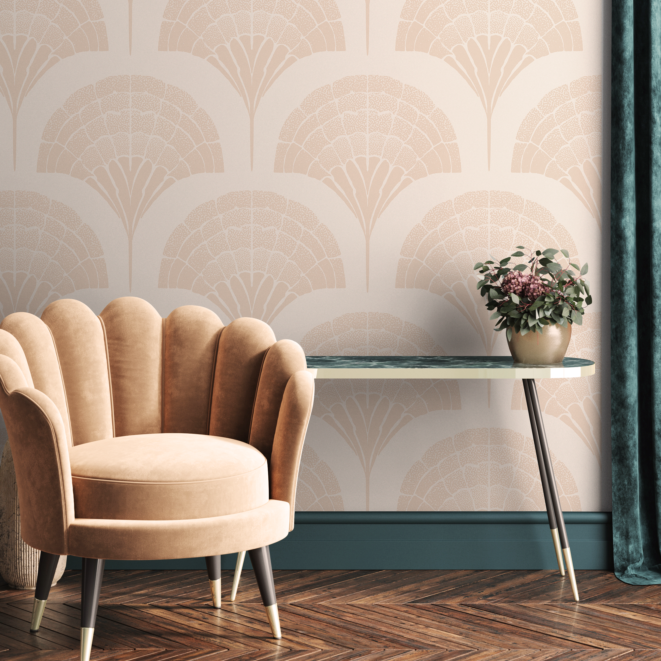 Art Deco Wallpaper With A Stylized Fan Motif In Beige And Cream - C500