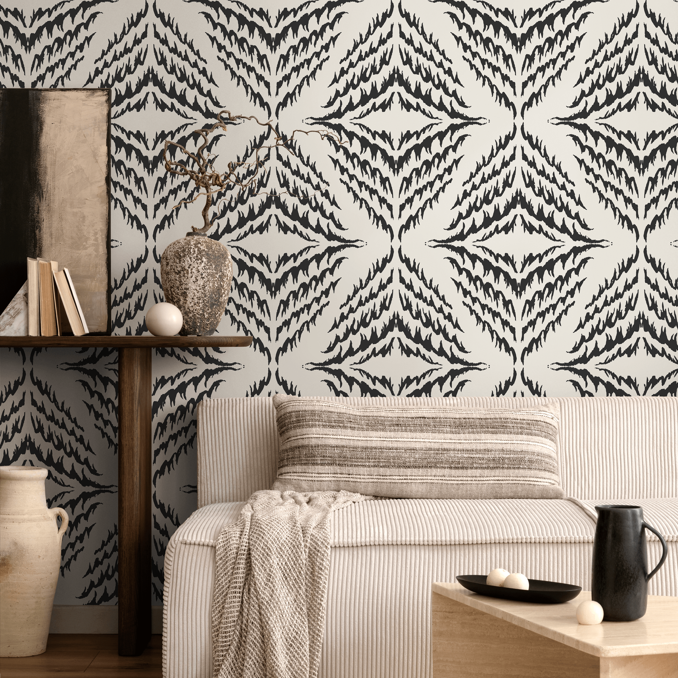 Abstract Wallpaper With A Mirrored Ikat Motif In Black And Off-white - C504