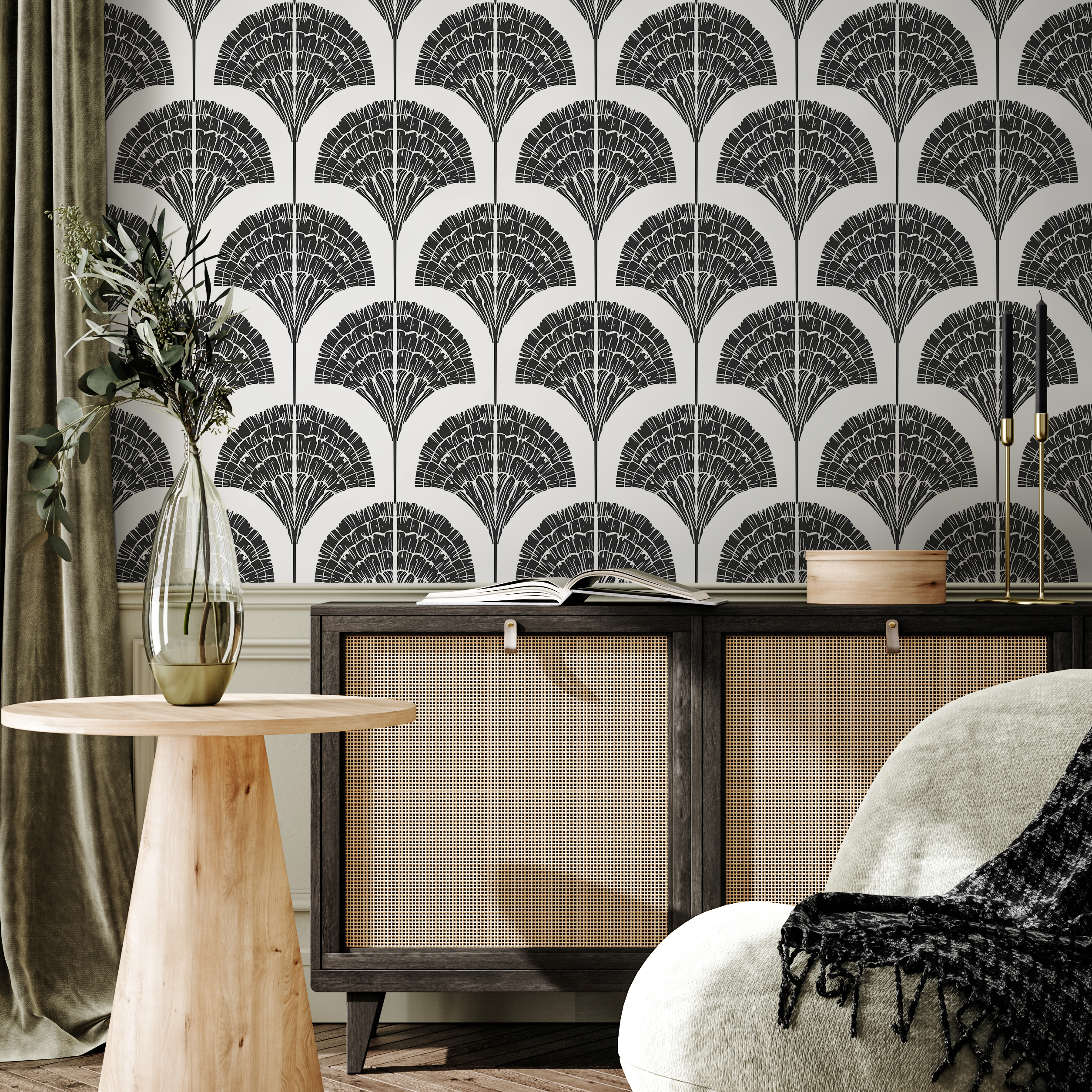 Art Deco Wallpaper With Stylized Palm Fronds In Black And White - C506
