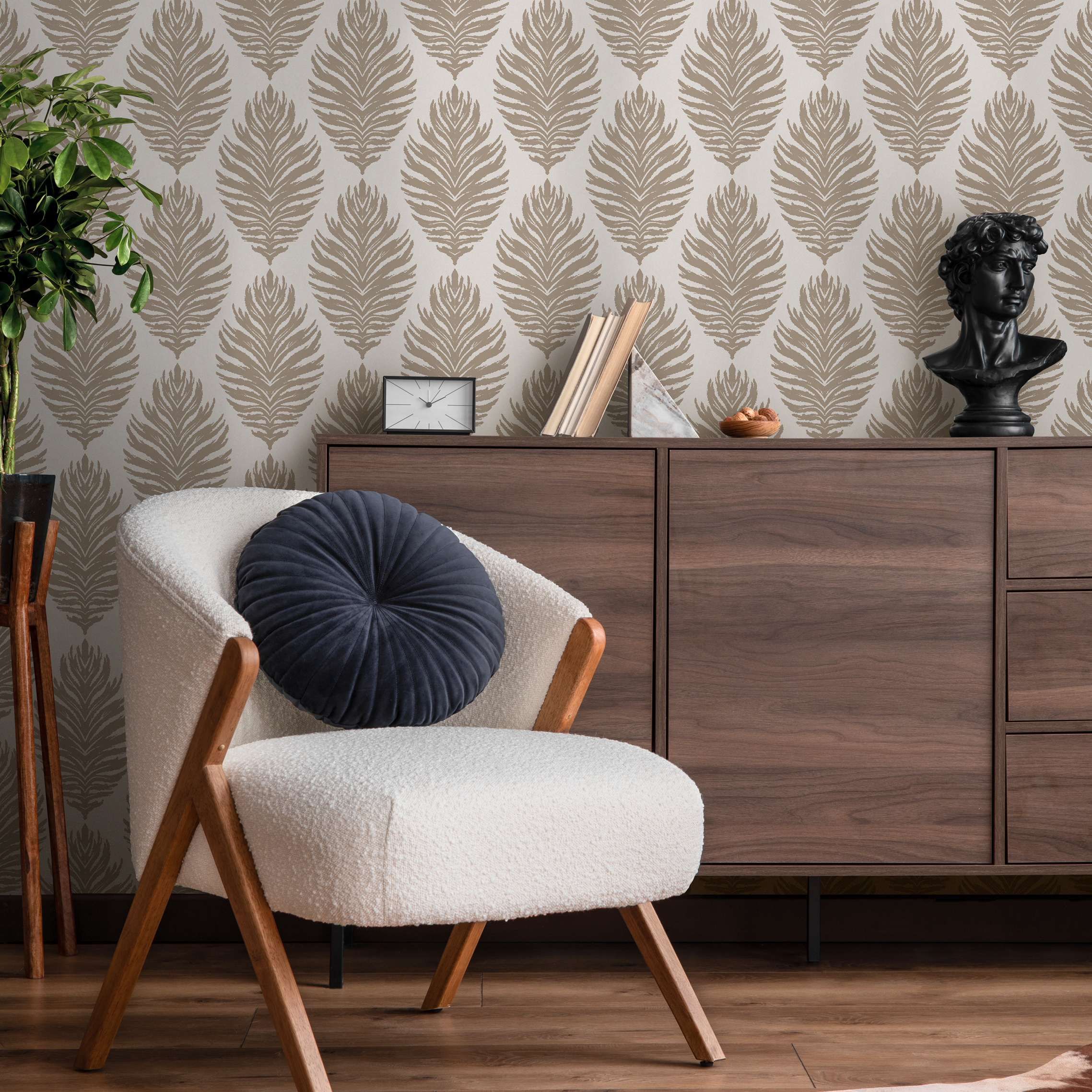 Boho Wallpaper With A Stylized Leaf Damask In Taupe - C508