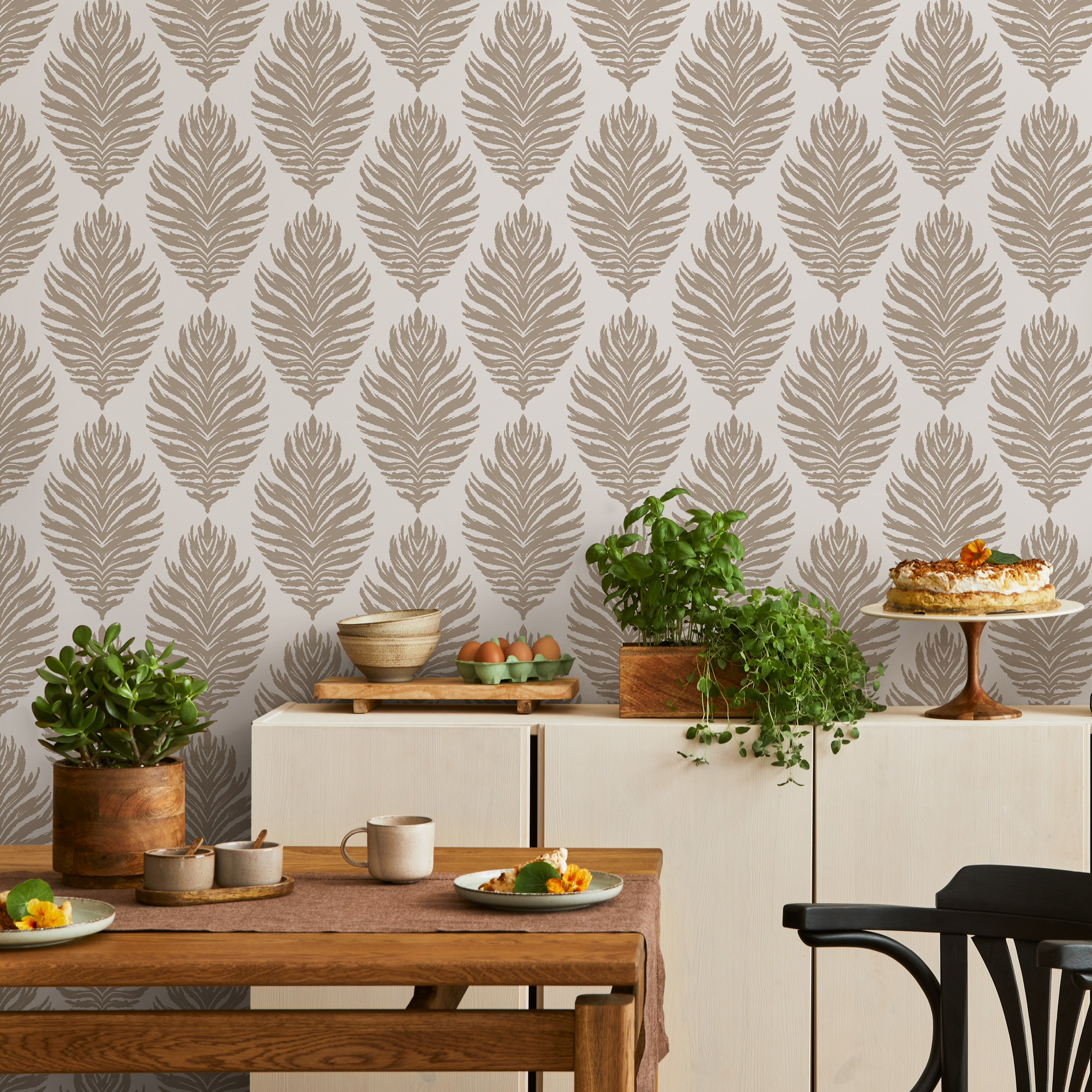 Boho Wallpaper With A Stylized Leaf Damask In Taupe - C508