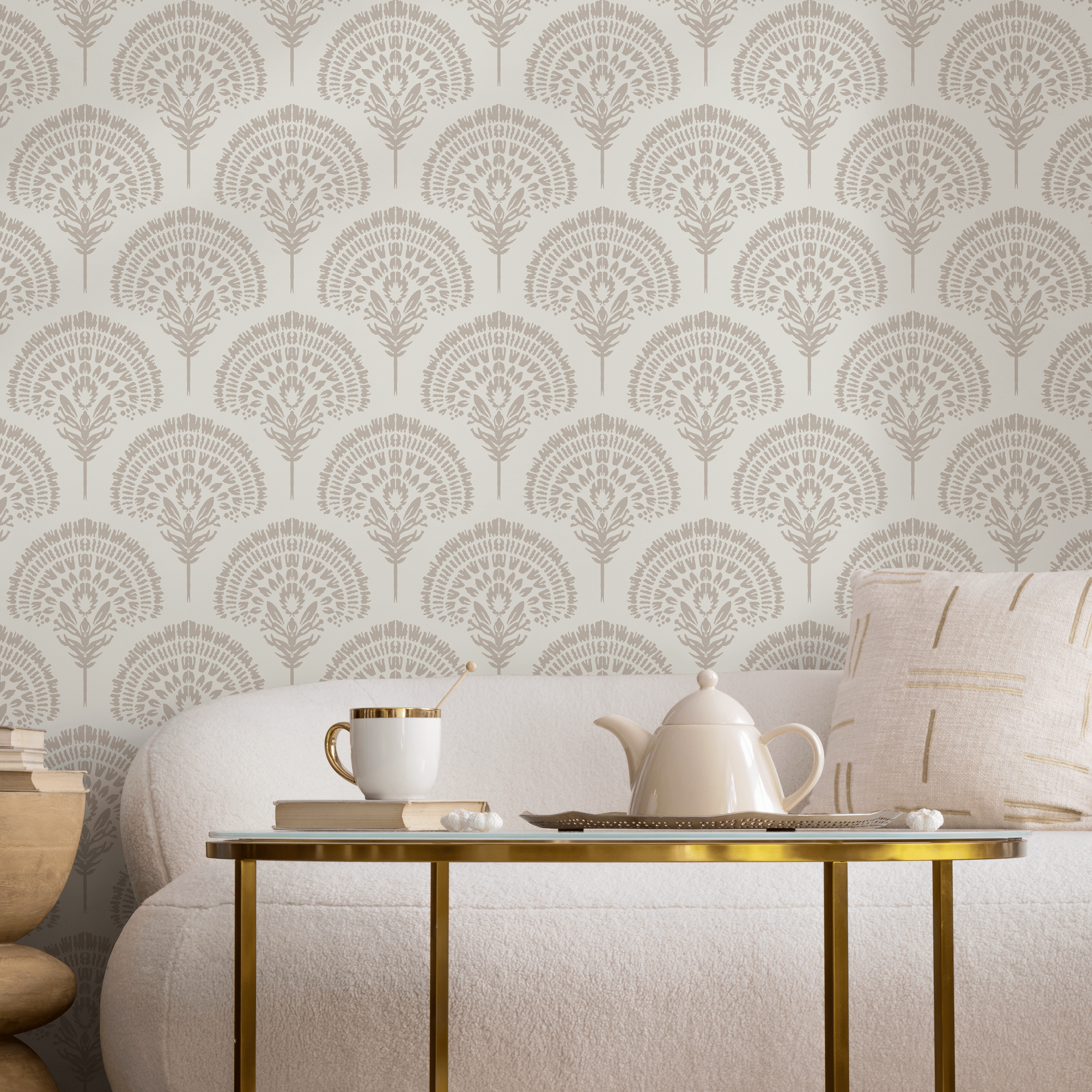 Bohemian Wallpaper With A Stylized Palm Motif In Greige And Beige - C510