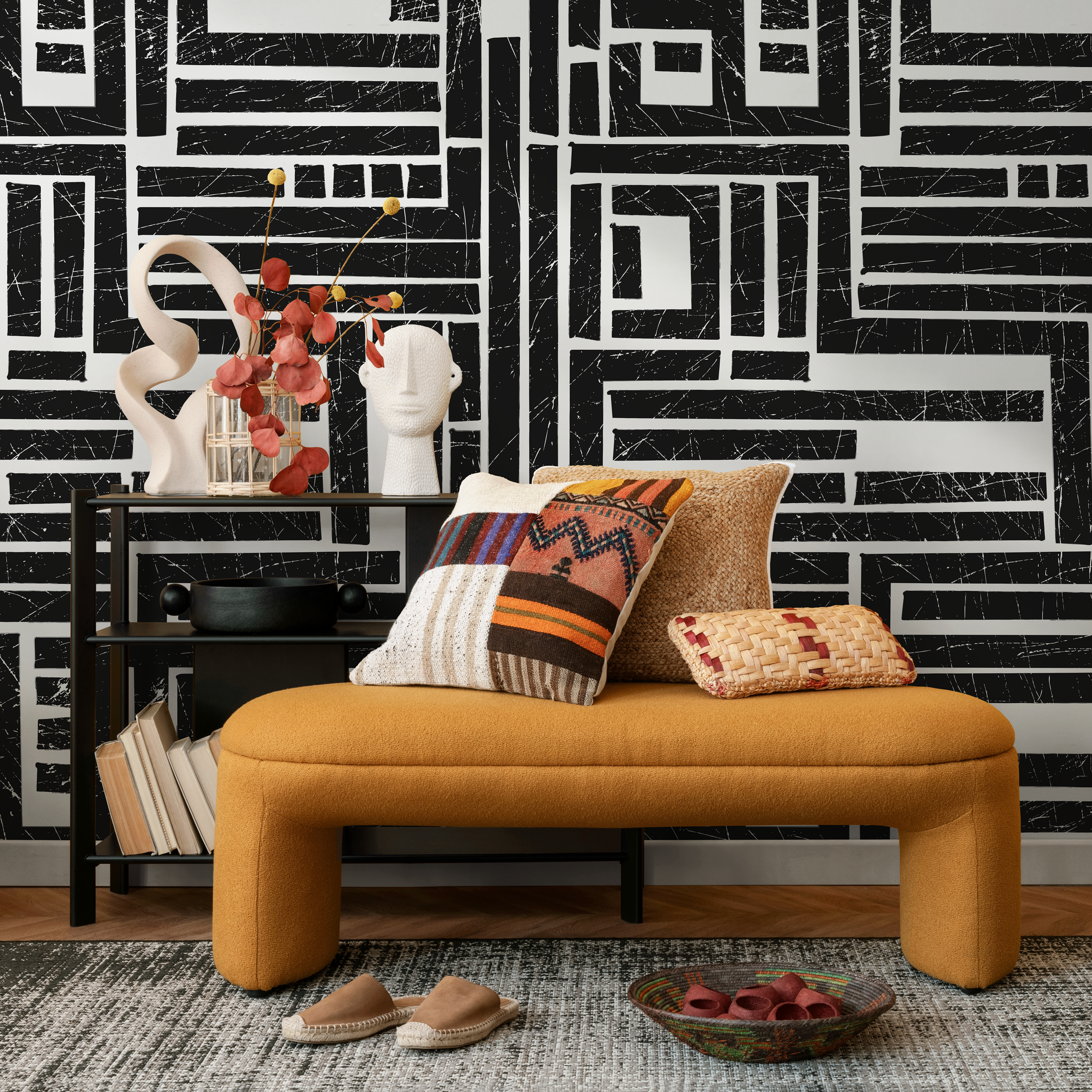 Geometric Wallpaper With A Distressed Block Maze In Black And White - C511