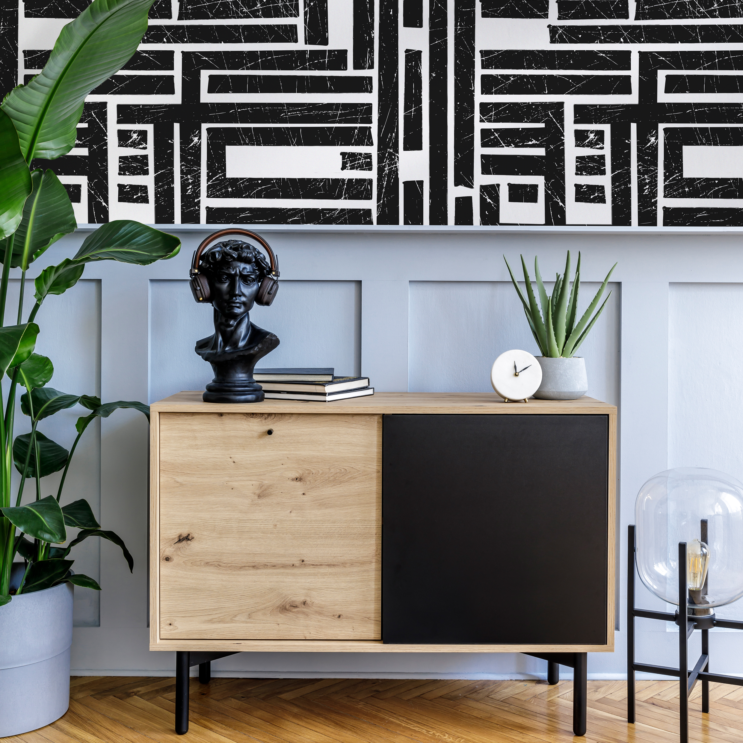 Geometric Wallpaper With A Distressed Block Maze In Black And White - C511