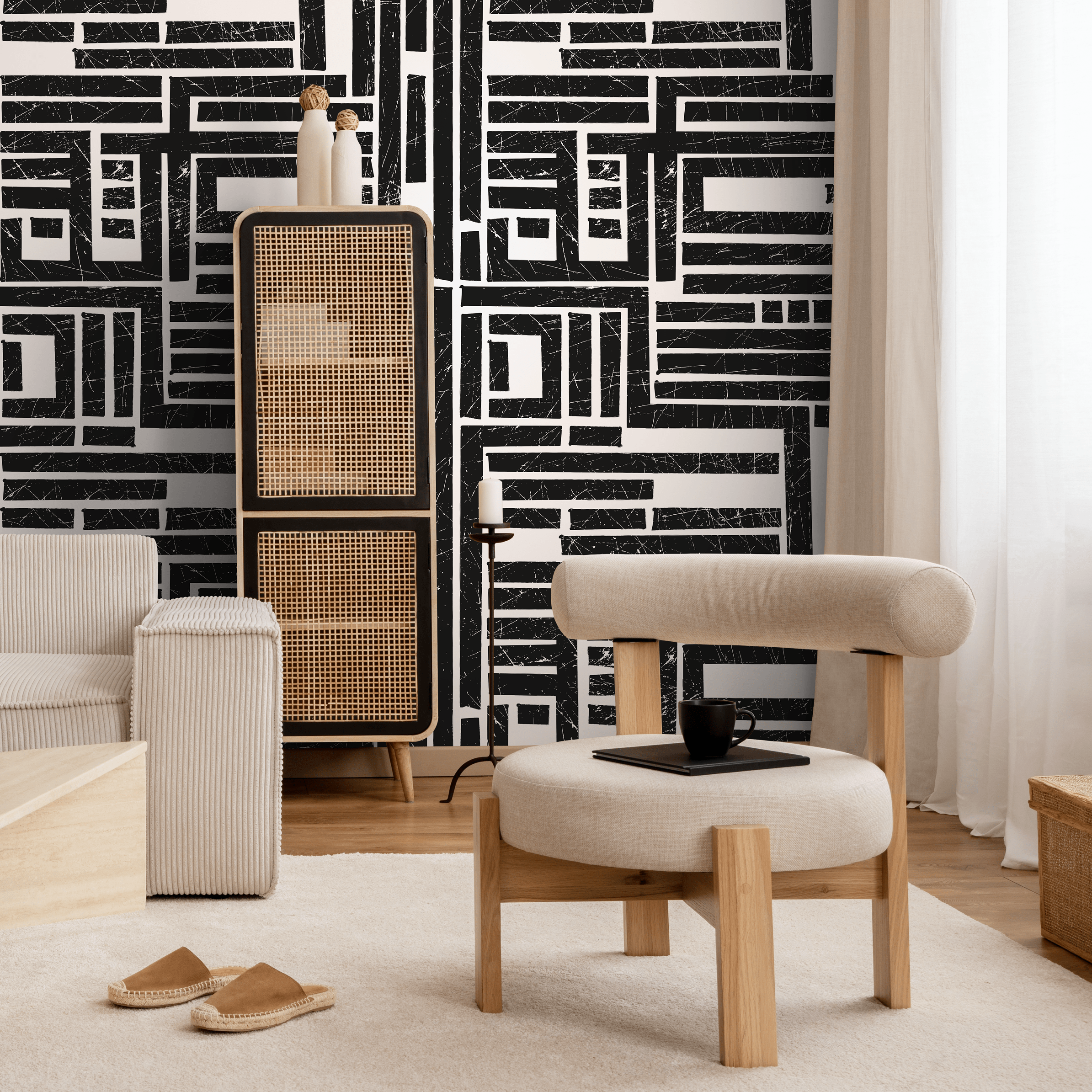 Geometric Wallpaper With A Distressed Block Maze In Black And White - C511