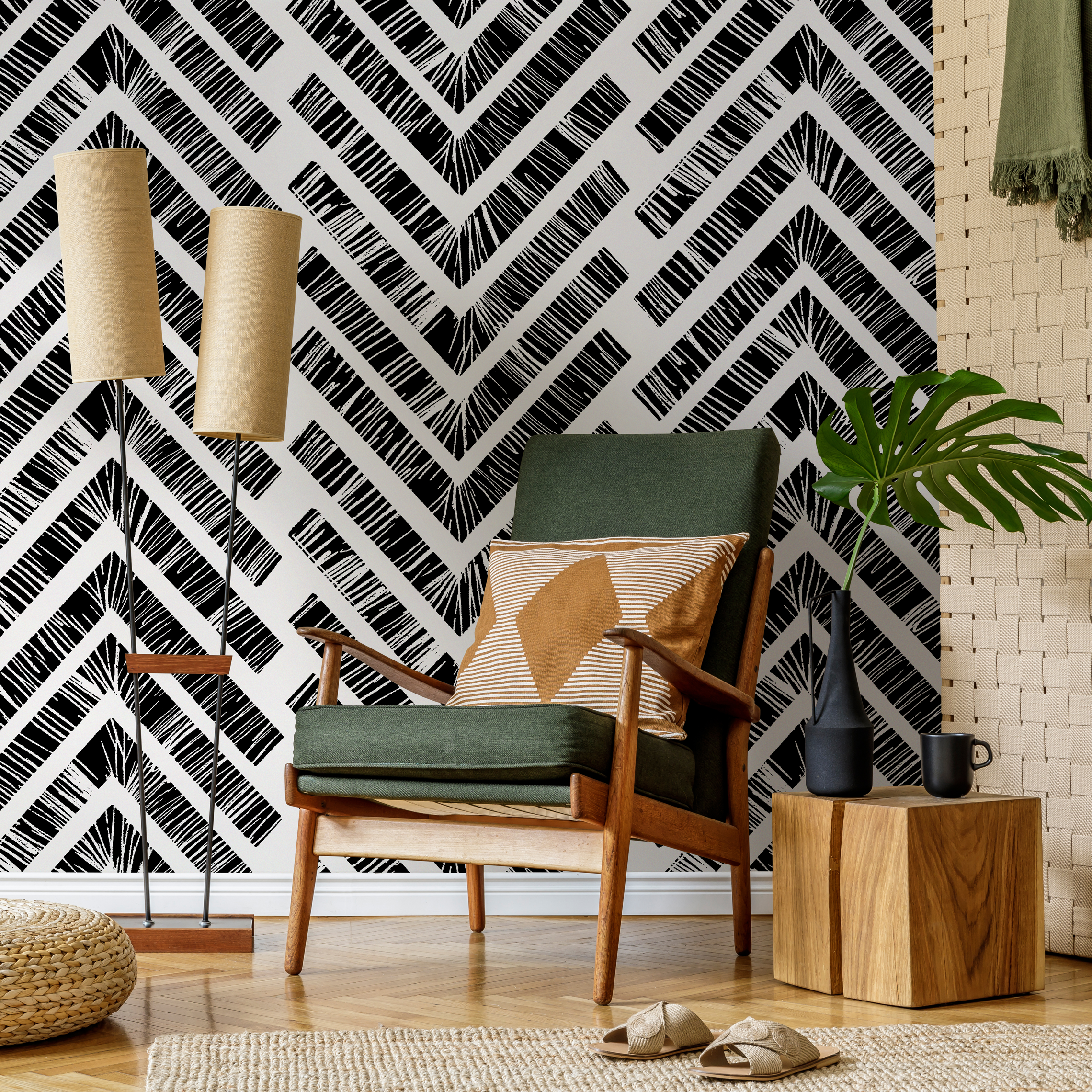 Chevron Wallpaper With A Hand-drawn Motif In Black And White - C514