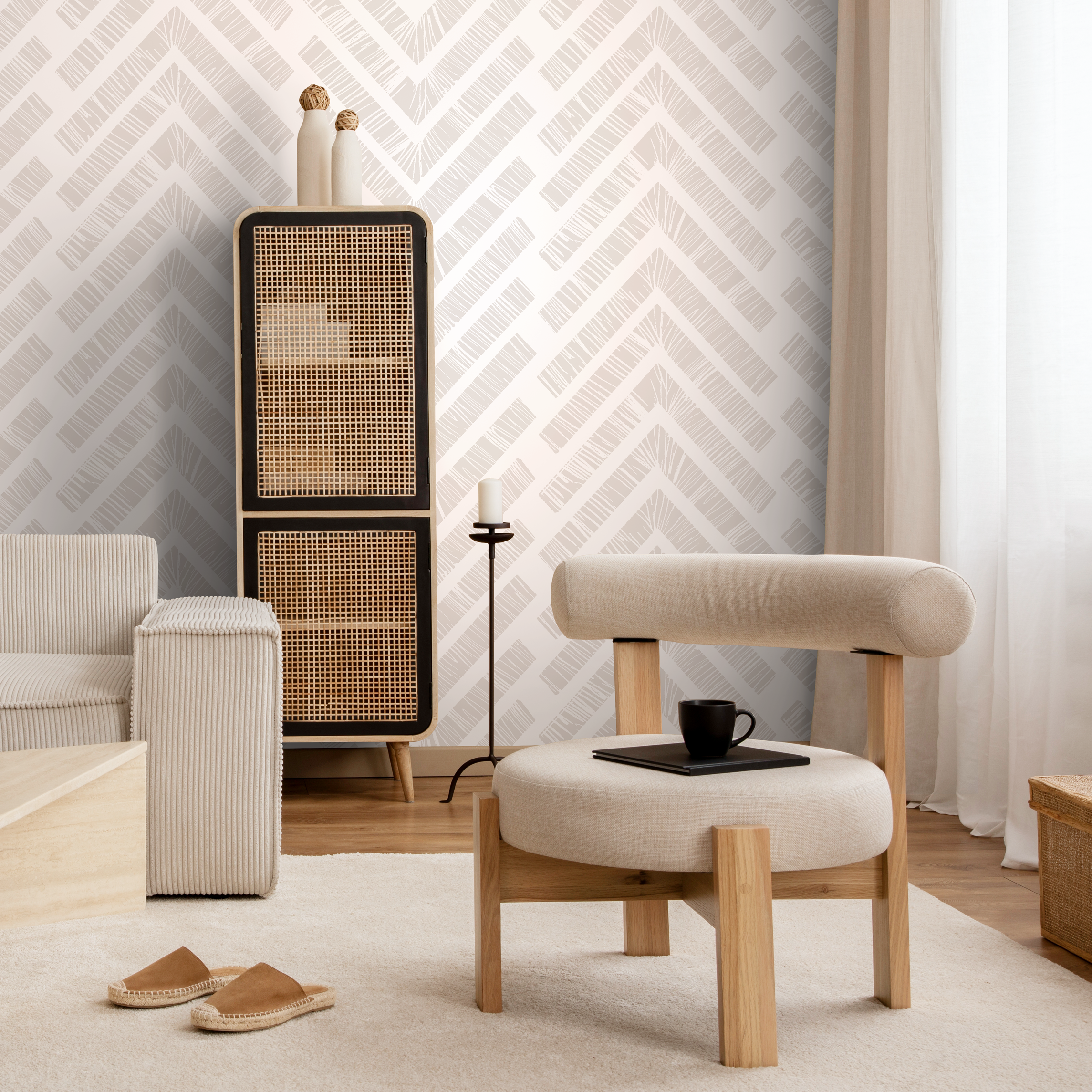Boho Wallpaper With A Textured Chevron Motif In Beige - C515