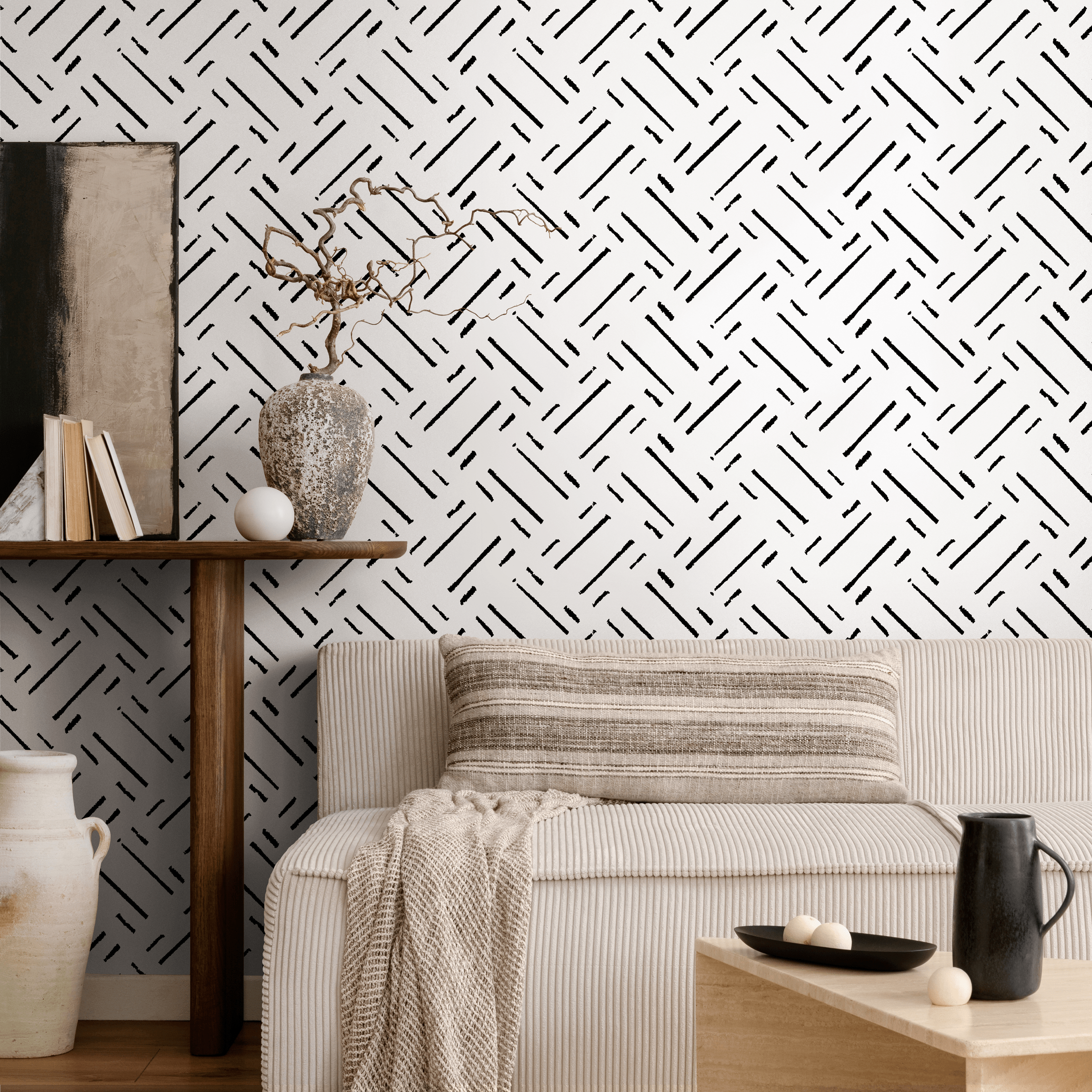 Abstract Wallpaper With Diagonal Brushstrokes In Black And White - C517